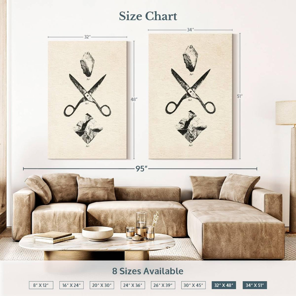 ElephantStock - Rock Scissors Paper Vintage Wall Art - Vertical Canvas Wall Art - Home Office Wall Decor - Drawing Game Canvas Art - Black And Gray Decor by Daniel Coulmann - 32' x 48'