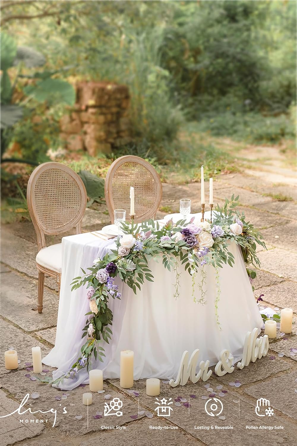 Ling's moment 9FT Flower Garland for Backdrop Decorations - Wedding Arch Flowers, Eucalyptus & Rose, Artificial Floral Garland for Mantel - Sweetheart Table Decor for Ceremony Reception, Lilac & Gold