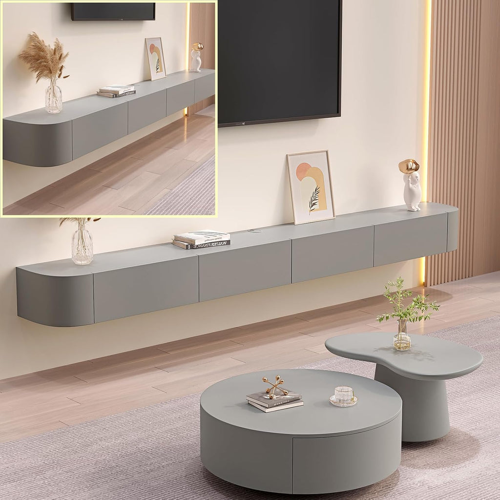 Floating TV Stand Large Floating TV Shelves Wall Mounted Multi Storage Compartment TV Media Console Floating TV Cabinet Bench Under TV Large Storage TV Lowboard (Grey, 86.6 * 7.9 * 9.4 in)