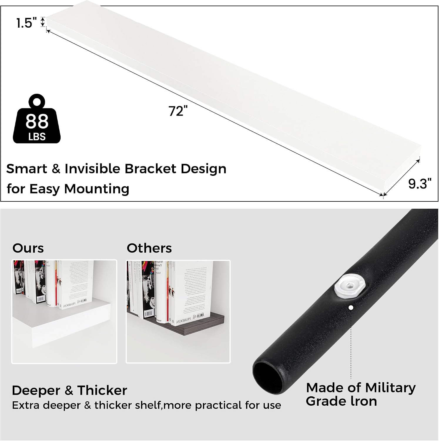 Venusmiles Floating Shelves for Wall, Engineered Wood Wall Shelves with Invisible Brackets for Living Room Bedroom Bathroom Office Kitchen Decor and Storage (White, 72' W x 9' D x 1.5' H) Set of 1