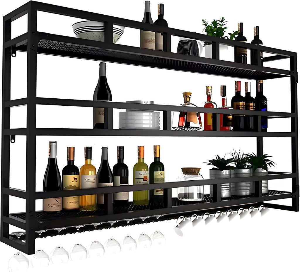 Wall Mounted Wine Rack with LED Light, Metal Bar Bottle Display Shelf Wine Cups Hanging Holder, Floating Industrial Liquor Glass Holder, for Home Bar Cafe Dining Room (Black 59')