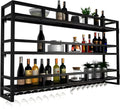 Wall Mounted Wine Rack with LED Light, Metal Bar Bottle Display Shelf Wine Cups Hanging Holder, Floating Industrial Liquor Glass Holder, for Home Bar Cafe Dining Room (Black 59')