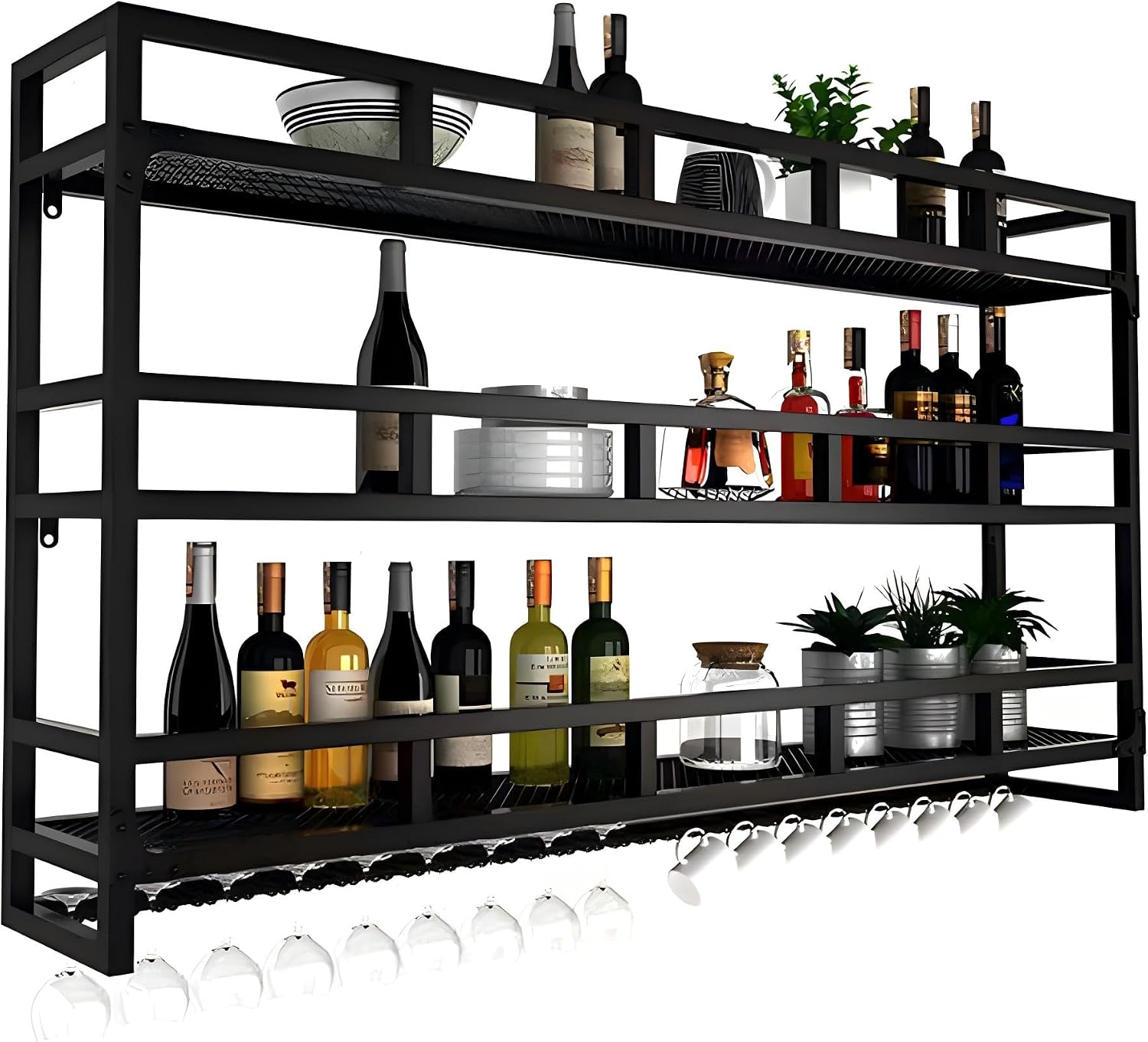 Wall Mounted Wine Rack with LED Light, Metal Bar Bottle Display Shelf Wine Cups Hanging Holder, Floating Industrial Liquor Glass Holder, for Home Bar Cafe Dining Room (Black 59')