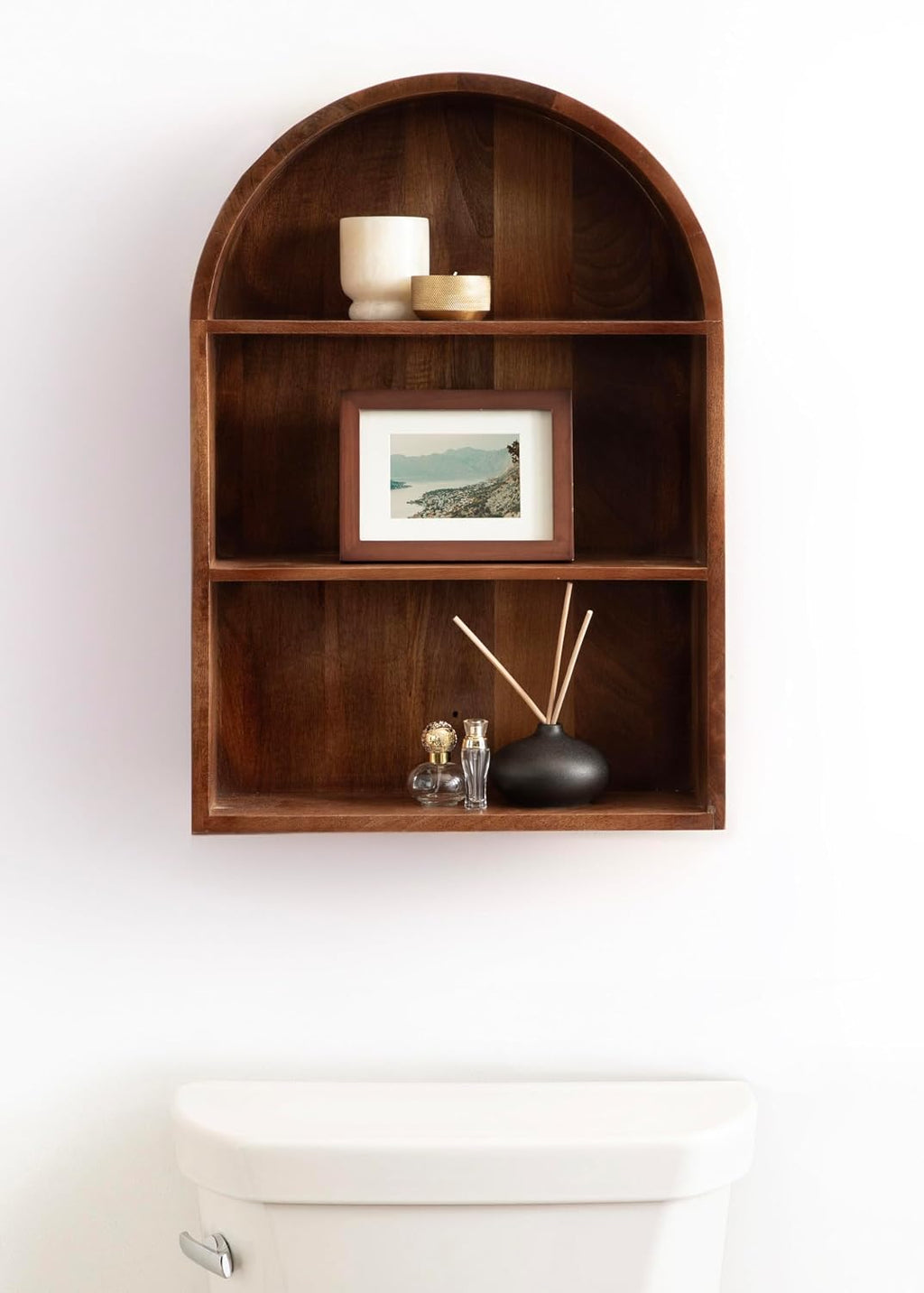 Kate and Laurel Arcott Modern Arched Wall Shelf, 18 x 26, Walnut Brown, Transitional Arch Wall Shelves for Over-the-Toilet Storage or Entryway Storage Shelf