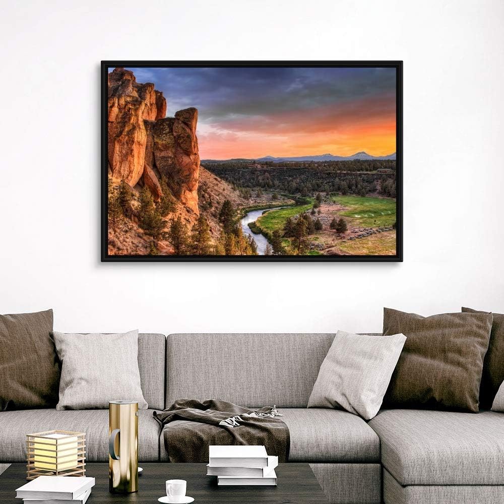Sunset at Smith Rock State Park in Black Float Frame Canvas Art, Oregon Artwork