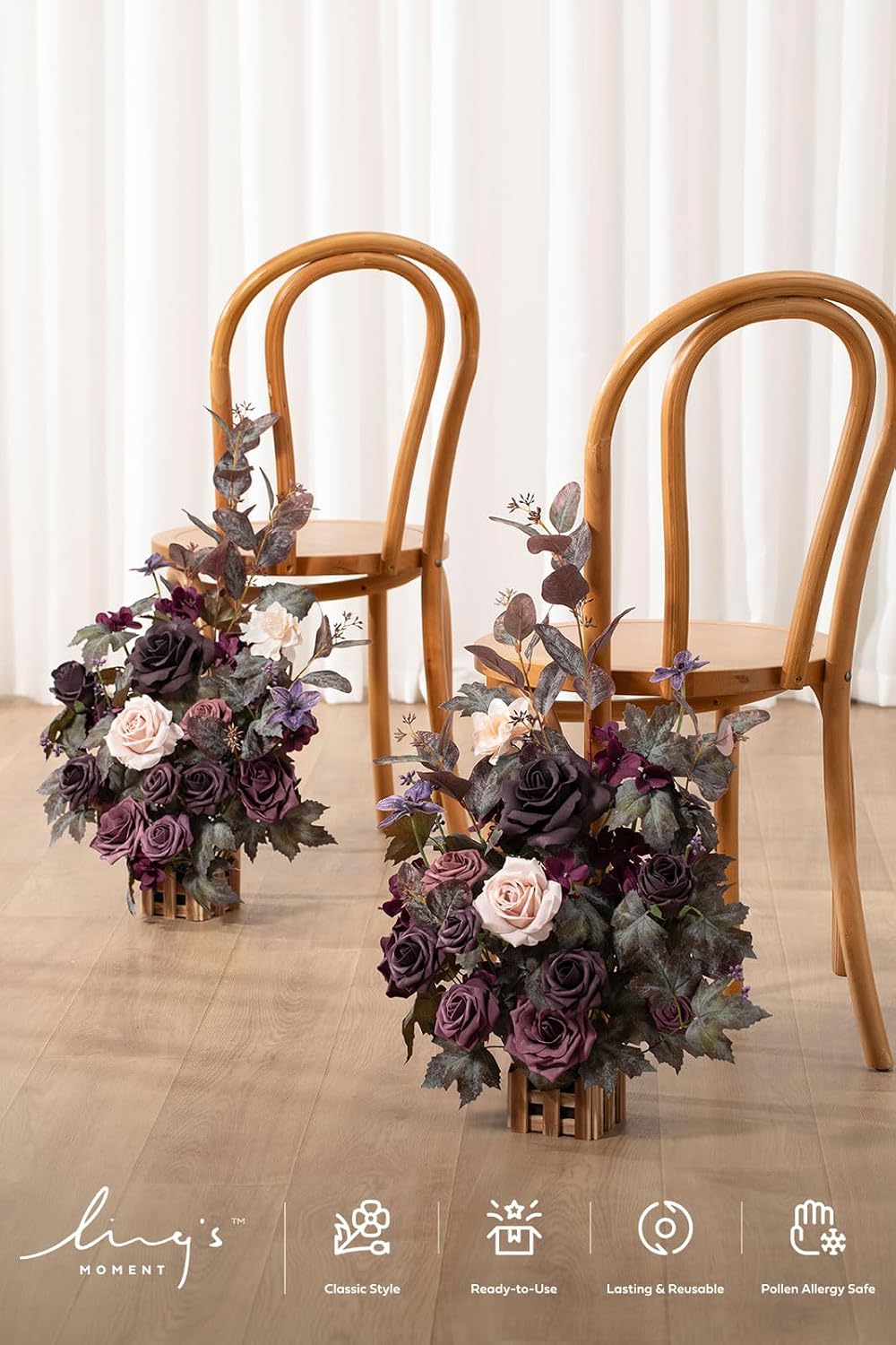 Ling's moment 17.5' Tall Standing Artificial Flowers Arrangements 4 pcs Fall Wedding Aisle Runner Chair Decorations Deep Plum Centerpieces for Ceremony Reception Rose Floral Party Outdoor