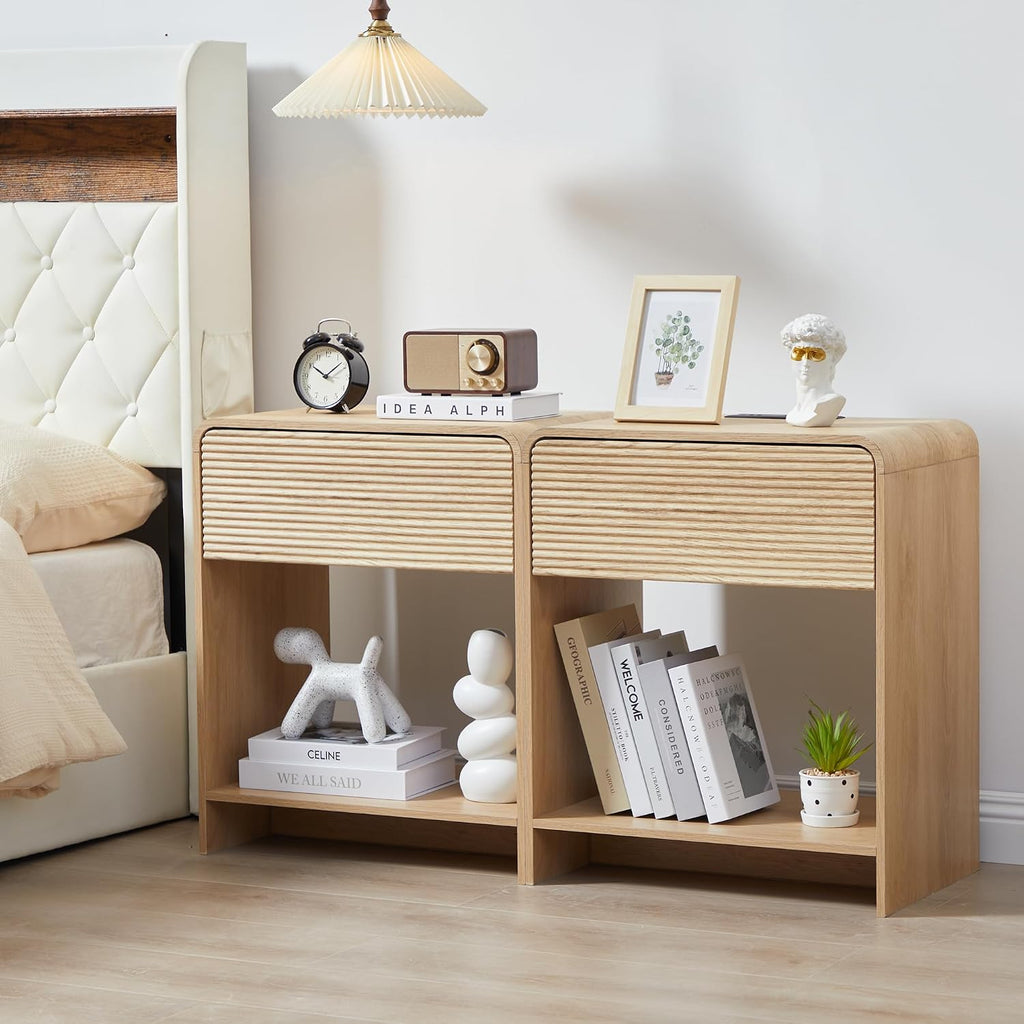 Set of 2 Fluted Side Table with Charging Station, Mid Century Modern End Table Nightstand with Drawer Storage, Large Wood Bedside Tables Night Stands for Small Space Bedroom Living Room Office,Natural