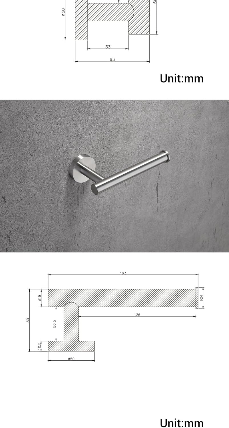 Bathroom Hardware Set Accessories Kit Brushed Stainless Steel Round Wall Rack Hand Bar Toilet Roll Paper Holder Robe Towel Hook,BG,60cm,Set
