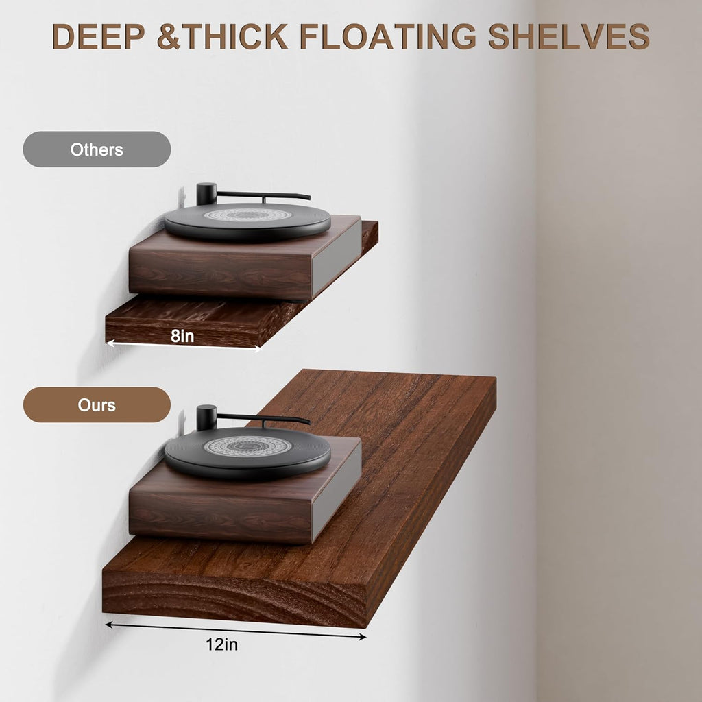 36-Inch Floating Shelves, Set of 3 Wall Mounted Storage Ledges, 12-Inch Deep Extra-Thick Solid Paulownia Wood Shelving for Kitchen, Living Room, Bedroom & Bathroom, Walnut Finish