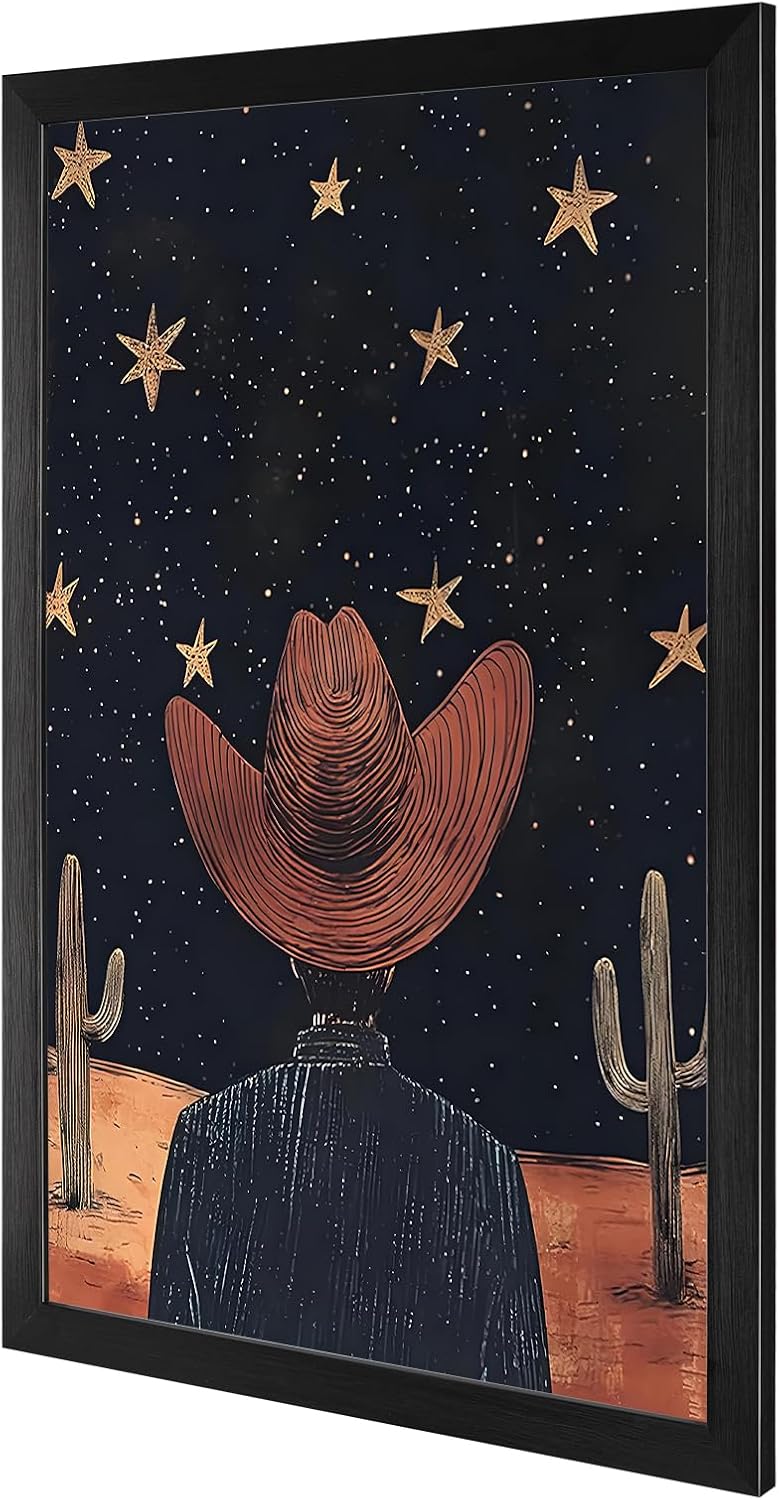 Black Framed Flat Vintage Starry Night Sky Poster Cowboy Hat Silhouette Cacti And Golden Stars Canvas Wall Art Western Prints Painting For Home Bedroom Dorm Wall Decor 24x36in Black Framed Flat