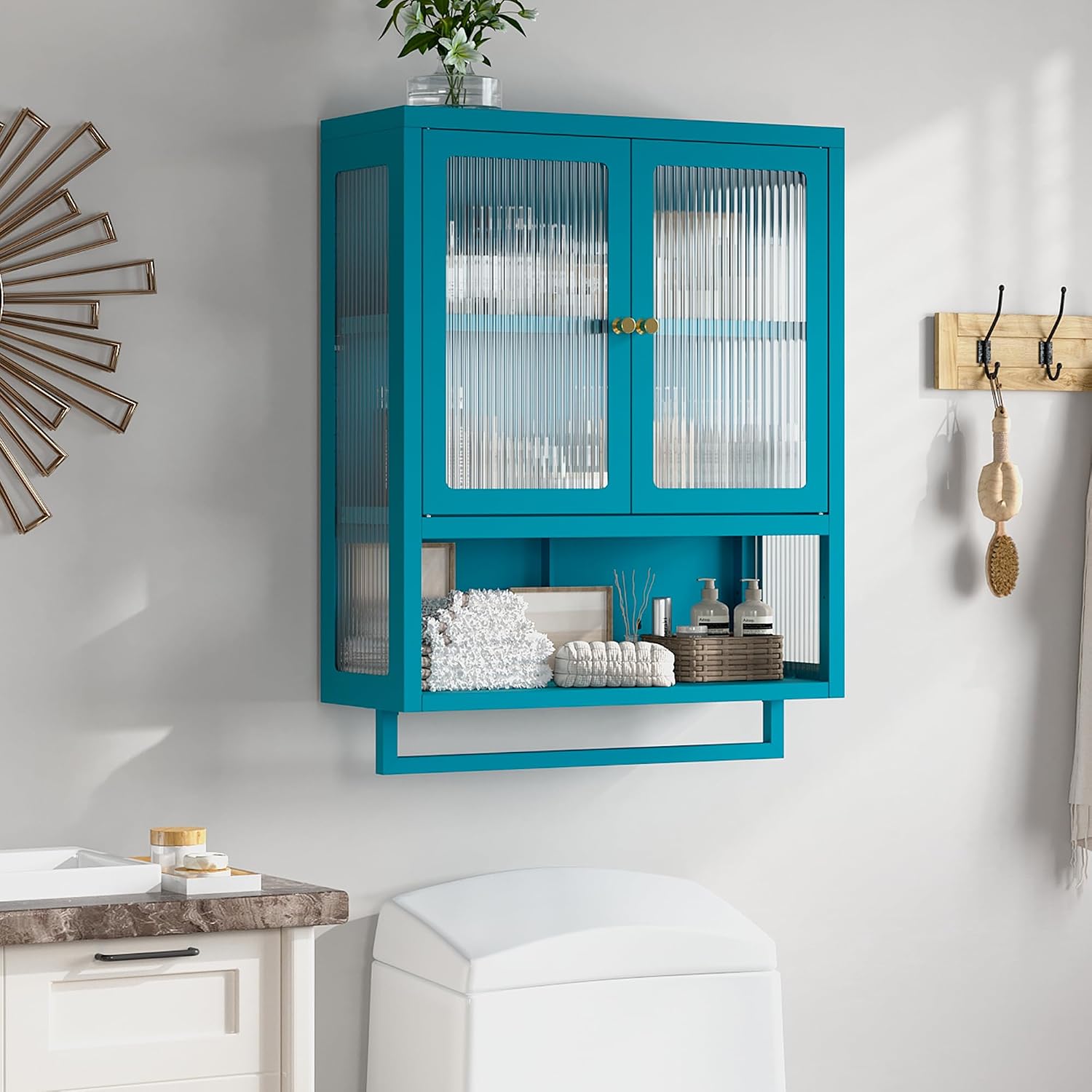 Bathroom Wall Cabinet with 2 Glass Door, Bathroom Medicine Cabinet with Towels Bar and Shelves, Over The Toilet Storage Cabinet, Metal Wall Mounted Cabinet for Kitchen (Blue)