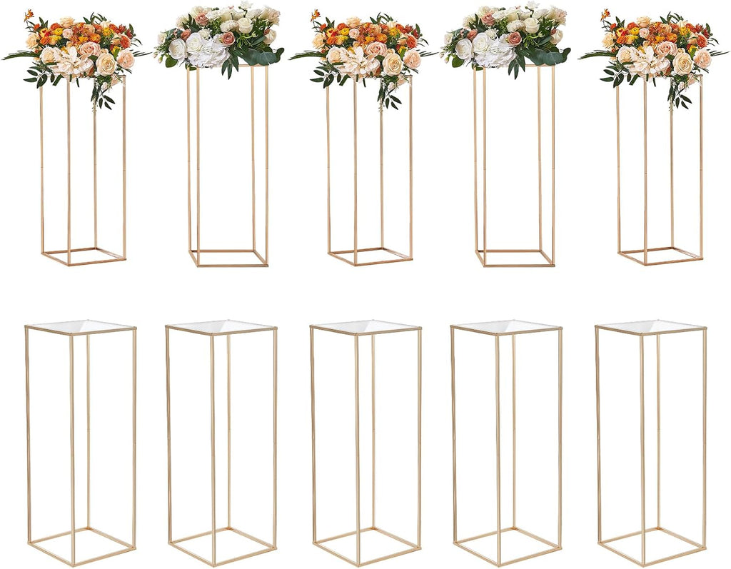 VEVOR 10PCS 31.5inch High Wedding Flower Stand, With Acrylic Laminate,Metal Vase Column Geometric Centerpiece Stands, Gold Rectangular Floral Display Rack for Events Reception, Party Decoration