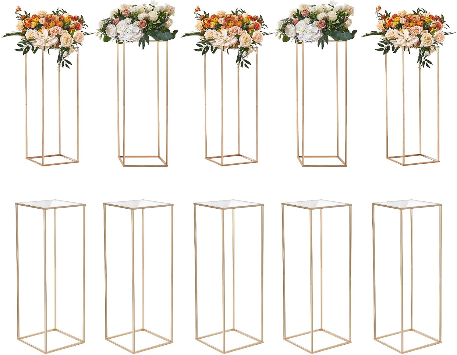 VEVOR 10PCS 31.5inch High Wedding Flower Stand, With Acrylic Laminate,Metal Vase Column Geometric Centerpiece Stands, Gold Rectangular Floral Display Rack for Events Reception, Party Decoration