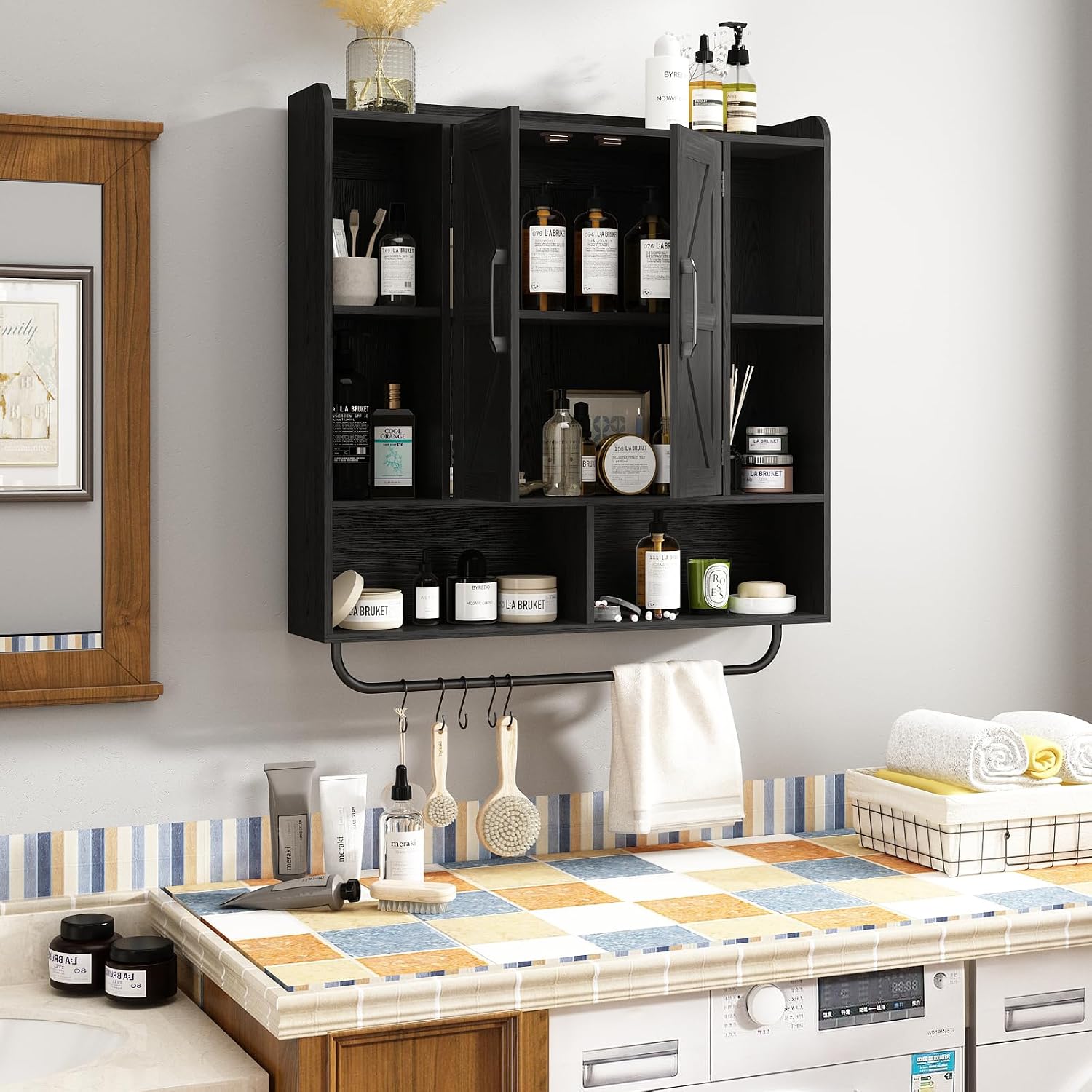 RUSTOWN Rustic Wood Wall Bathroom Cabinet, Farmhouse Medicine Cabinet Wall Mounted, Space Saving Wall Storage Cabinet with 2 Barn Door, 3-Tier Adjustable Shelves and Towel Bar (Black)