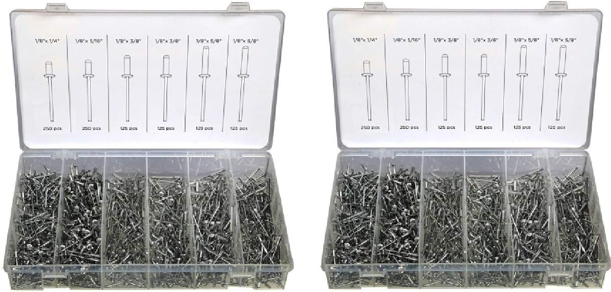 LOT TWO 1000pc 1/8' Aluminum Blind Pop Rivet Assortment 4 Hand/Air Riveter Gun Rivet Set, Jikkolumlukka