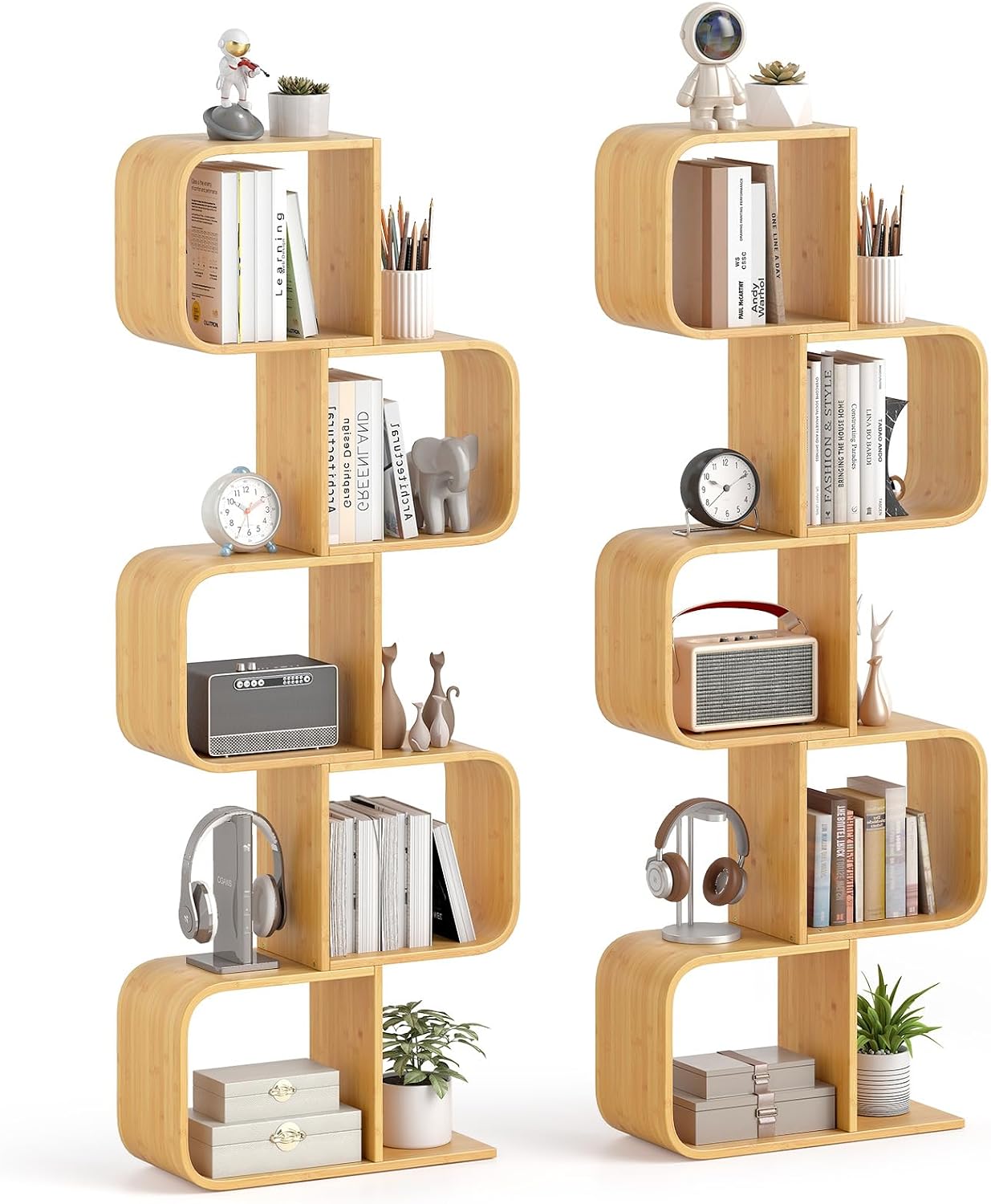 Giantex 5-Tier S-Shaped Bookcase, Bamboo Bookshelf with Open Cubes, Geometric Corner Display Shelf, Decorative Storage Organizer, Floor Storage Rack for Living Room, Home Office, Natural
