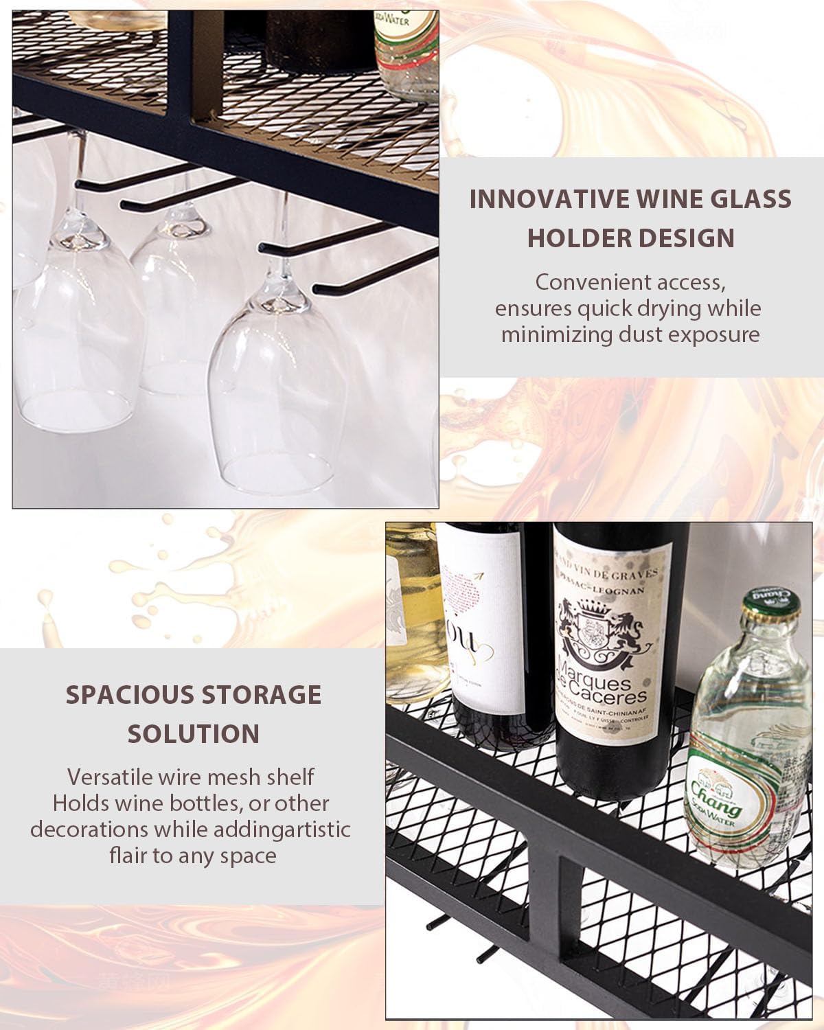 59' Large Wine Rack Wall Mounted with Bottle Glass Holder, 3-Tiers Metal Bar Shelves for Liquor Bottles with LED Light, Wall Wine Rack for Home, Restaurant, Commercial Bar, Kitchen Storage Display