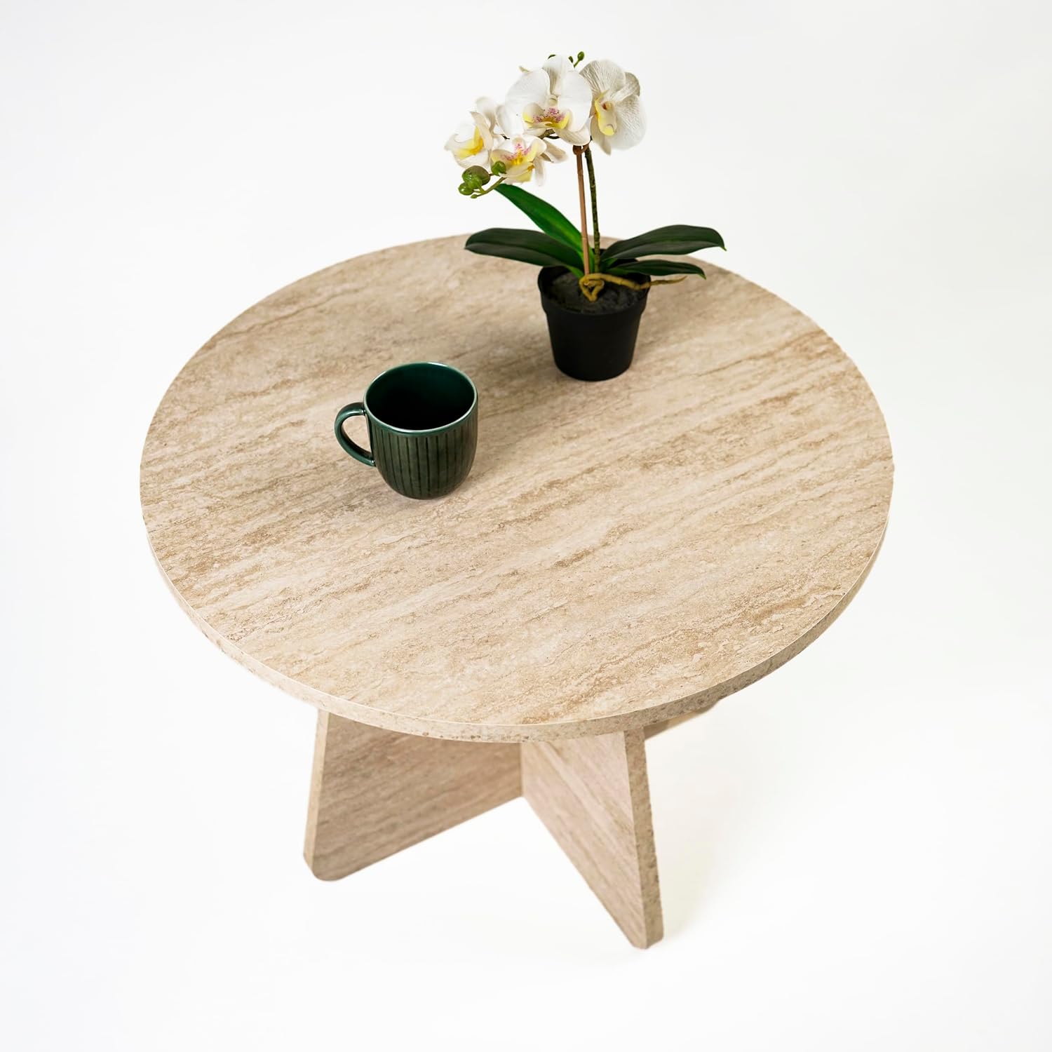 Travertine Efect 22.8 Inches Diameter Coffee Table Modern Side Table for Living Room Accent Table for Sofa or Bedroom (22.8x22.8x16.5 inches)