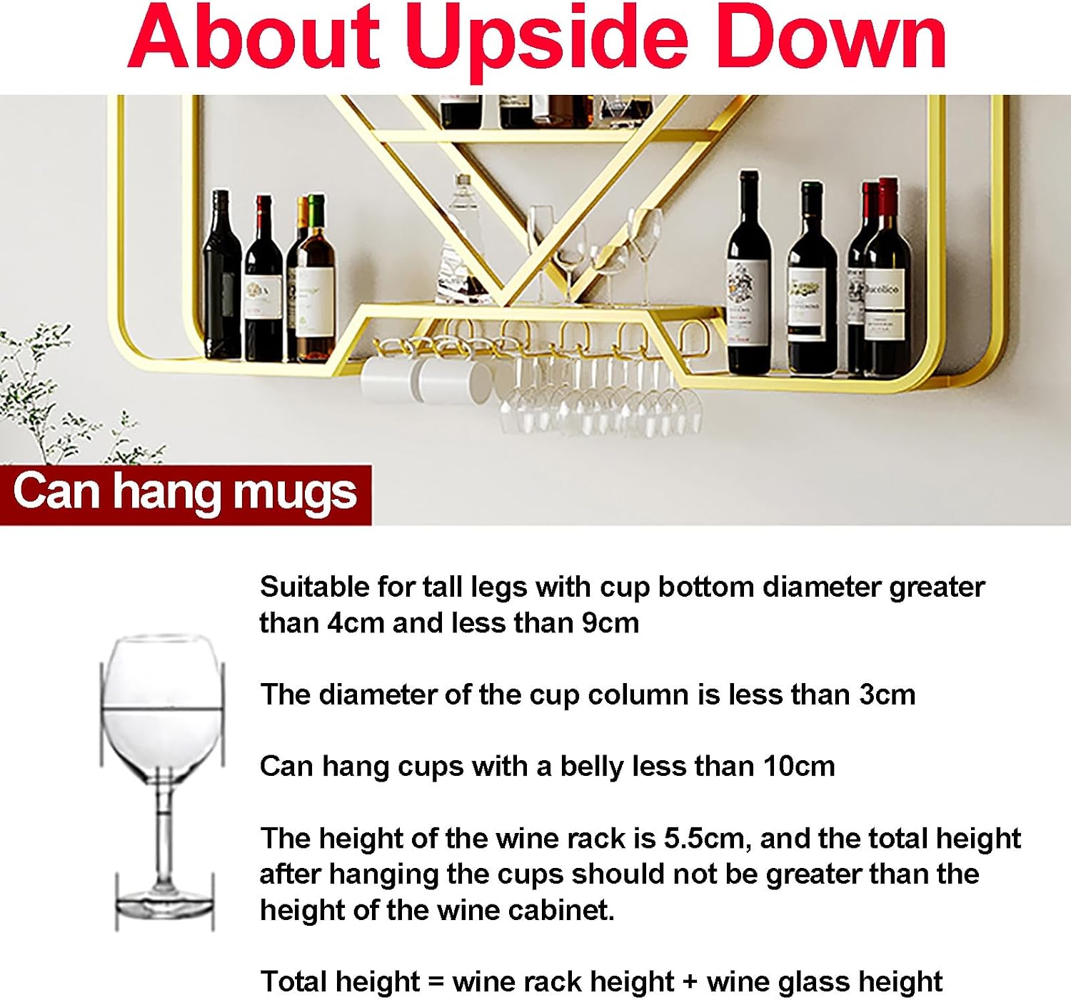 Wine Rack Wall Mounted, Floating Bar Kitchen Shelf Rack With Light Strip, Hanging Wine Glass Rack, Shelf Corner Bar Kitchen Shelf Rack, For Home Bar Dining Room Cafe Kitchen(Color:Gold,Size:120x70x20c