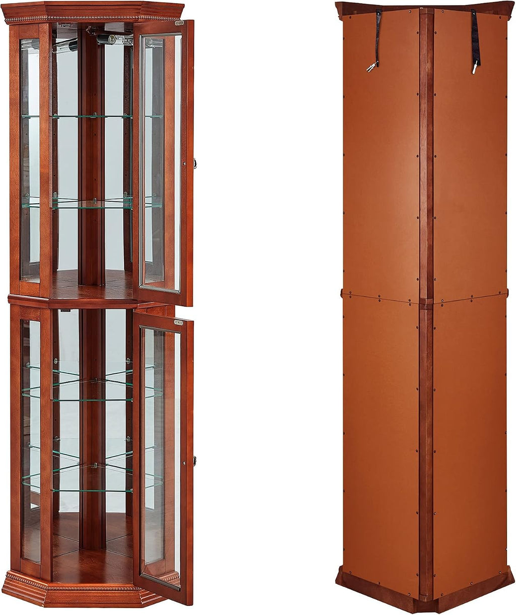 czczgx Lighted Wooden Corner Display Curio Cabinet, Curved Shelving Unit with Adjustable Shelves and Mirrored Back Panel, Tempered Glass Doors for Bedroom, Living Room (Walnut, Corner Shape)