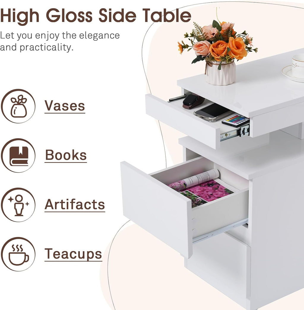 OC Orange-Casual LED End Table with Power Outlet, High Glossy Sofa Side Table, Small Nightstand with Drawer and Storage Cabinet, Narrow Side Table with Charging Station for Living Room (2, White)