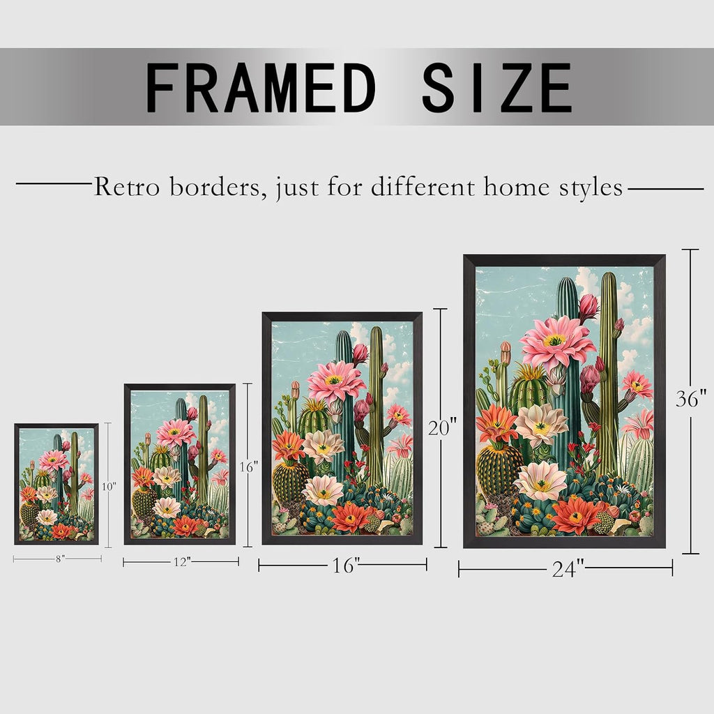Black Framed Flat Boho Cactus Garden Poster Retro Tropical Succulent Canvas Wall Art Vibrant Flowers Sky Background Prints Painting For Home Bedroom Dorm Wall Decor 24x36in Black Framed Flat