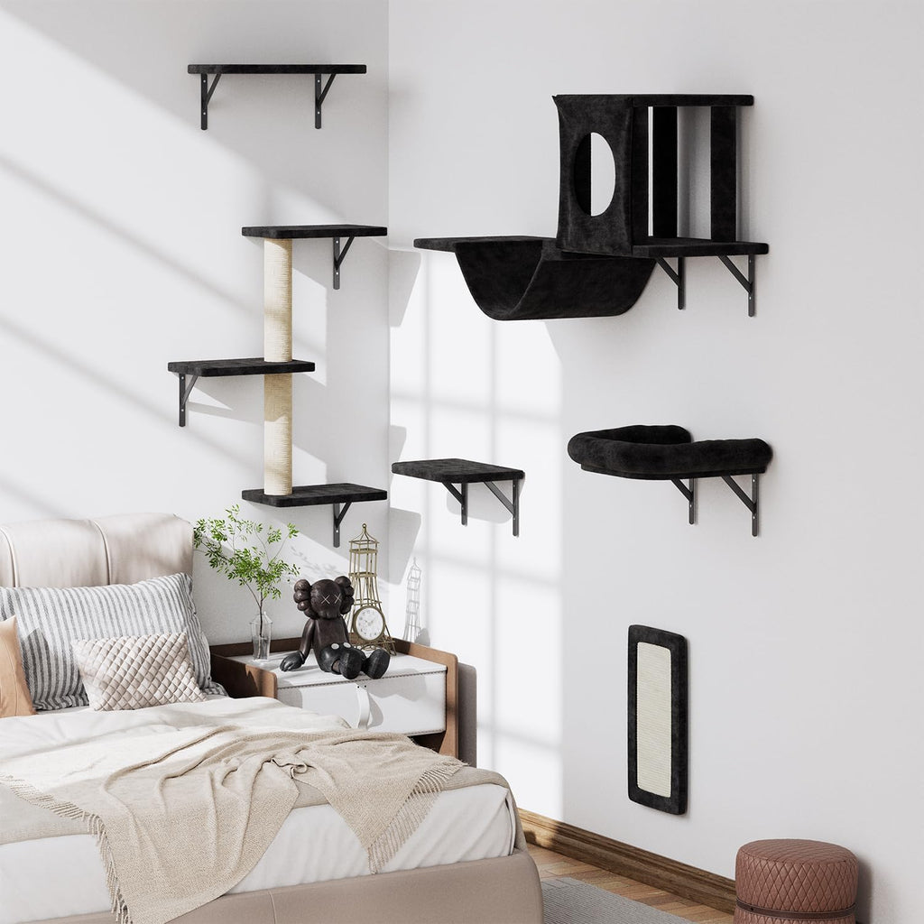 12-in-1 Cat Wall Shelves, Wall Mounted Cat Climber with Condo House, Scratching Post, Bridge Ladder, Space-Saving Indoor Play Furniture for Kittens, Black