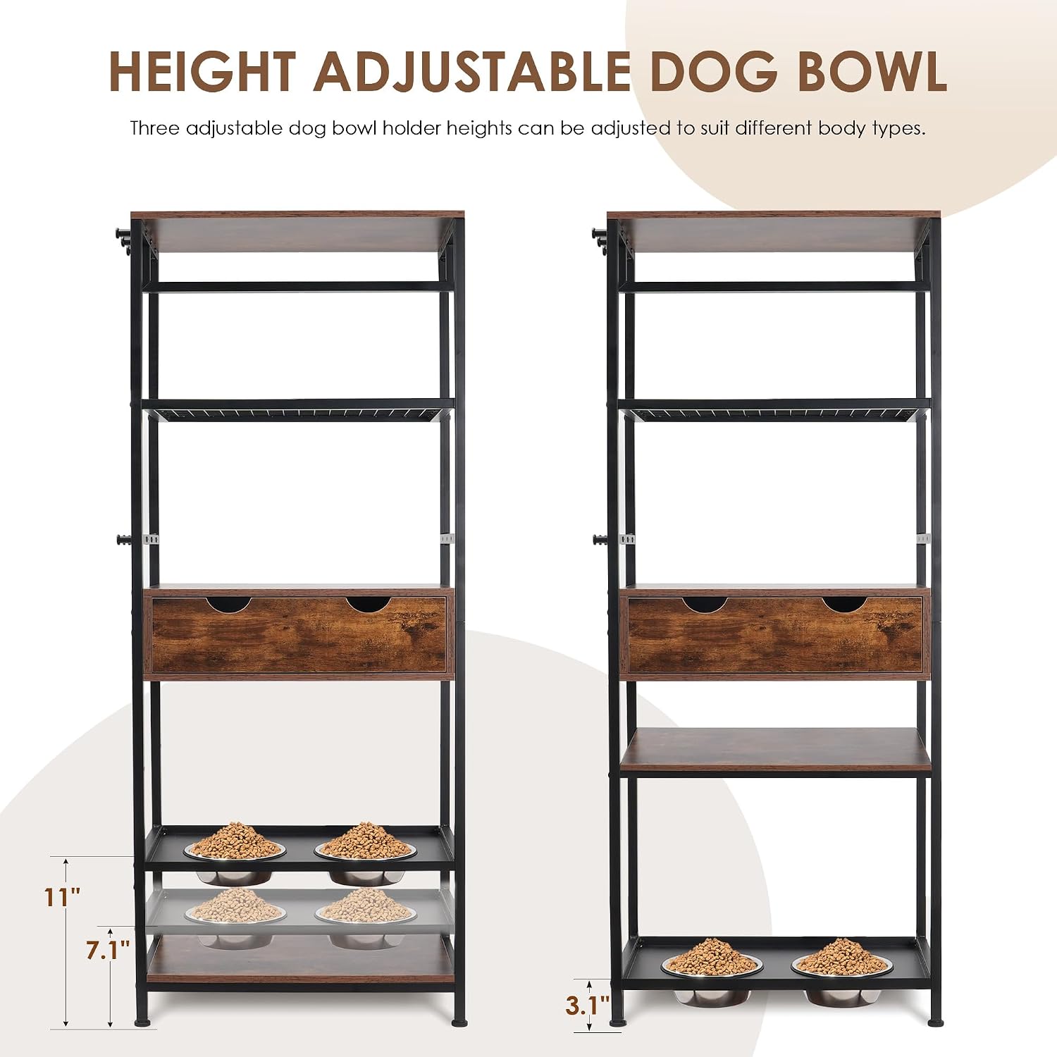 Dog Feeding Station Dog Feeder Station 3 Height Adjustable Raised Dog Bowls, Dog Storage Organizer with Shelves and 1 Drawer for Large Medium Dogs Cats, Black+Vintage