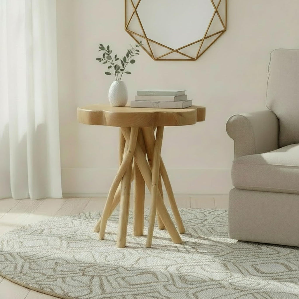 WELLAND Solid Teak Live Edge End Table, 18' L x 18' W x 20' H Unique Side Table, Small Accent Table, Plant Stand for Living Room, Bedroom, Home Office