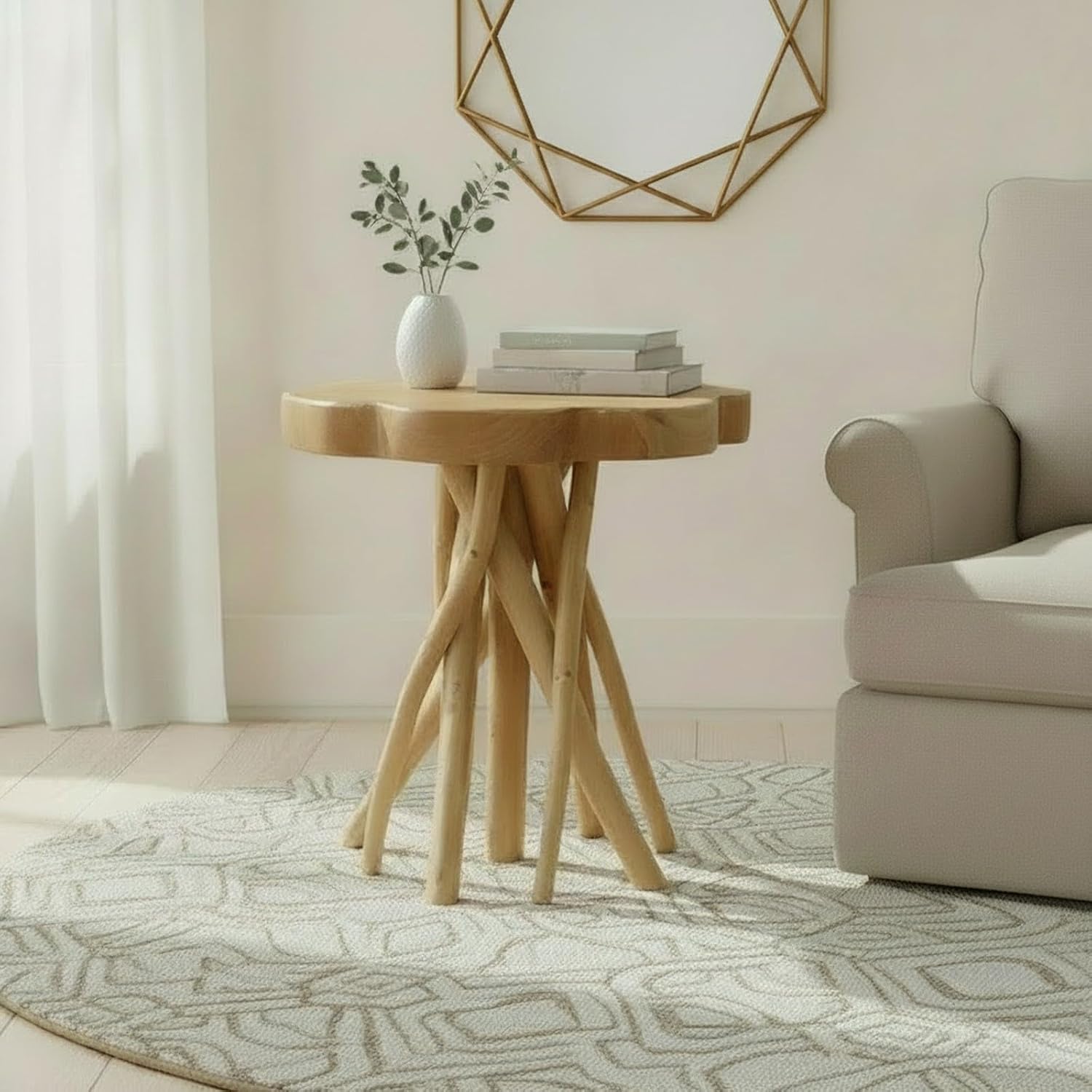WELLAND Solid Teak Live Edge End Table, 18' L x 18' W x 20' H Unique Side Table, Small Accent Table, Plant Stand for Living Room, Bedroom, Home Office
