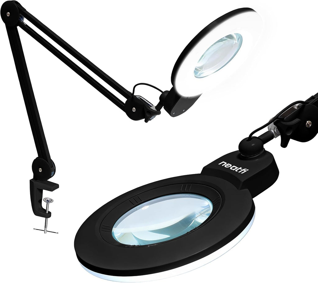 Neatfi XL Bifocal LED Magnifying Lamp, 7' Acrylic Lens, 2.25X/6X Magnification, 1,600 Lumens Dimmable | Hands-Free Close Work | Crafting, Jewelry & Reading (Black, 7-inch Lens, Non-CCT with Clamp)