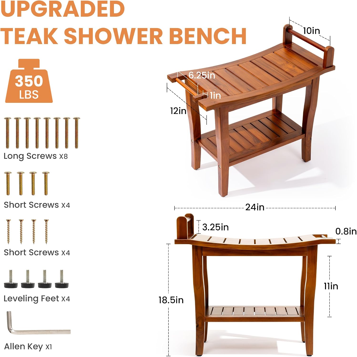 Axeman Premium Teak Shower Bench with Shelf – 24' 2-Tier Waterproof Shower Stool for Bathroom, Elderly & Shaving | Heavy-Duty 350lbs Capacity, Indoor & Outdoor Use