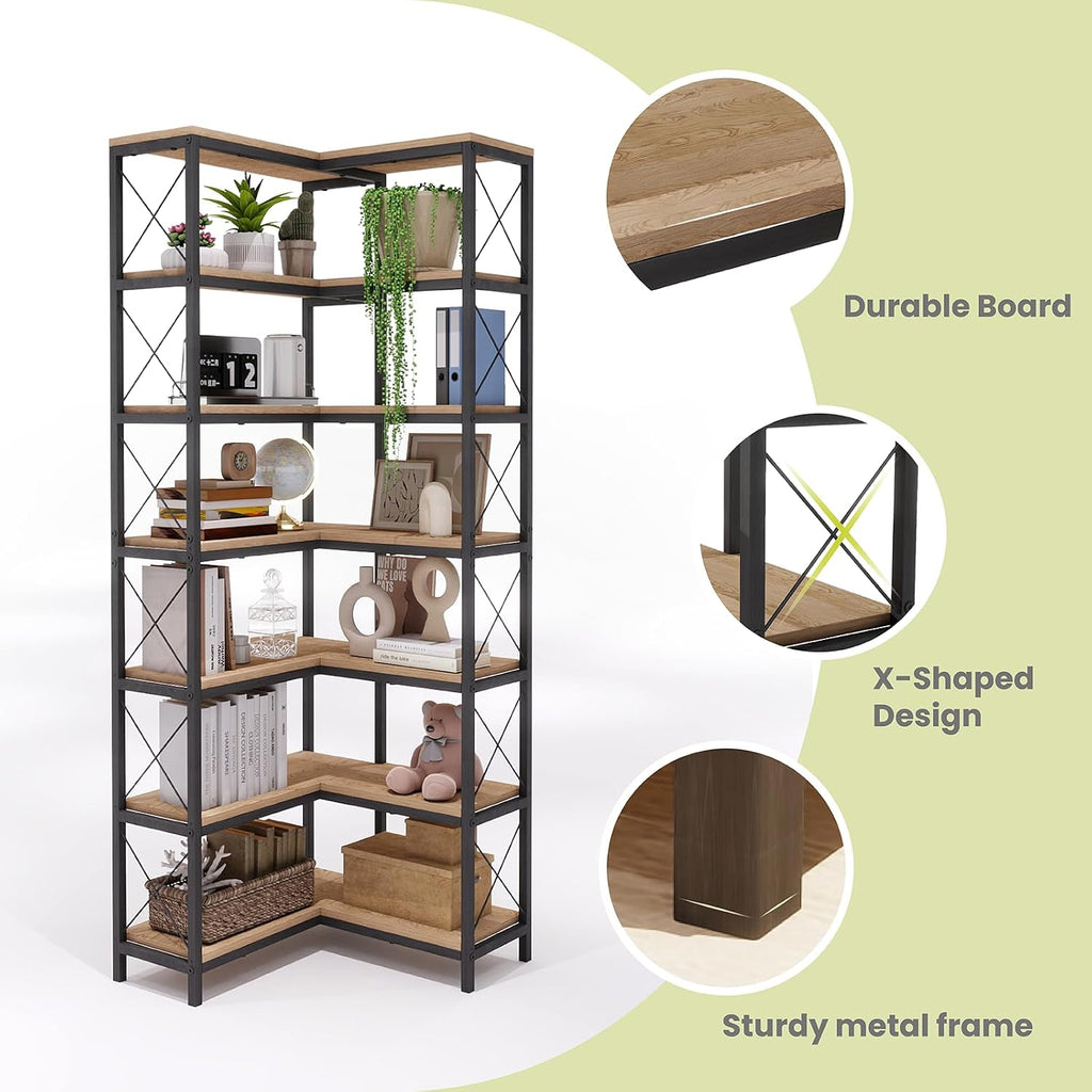 7 Tier Corner Bookshelf with LED Lights, 78.7' High Corner Shelf Storage for Living Room, Study Room, Metal Frame Extra Large Capacity, Flamed Color