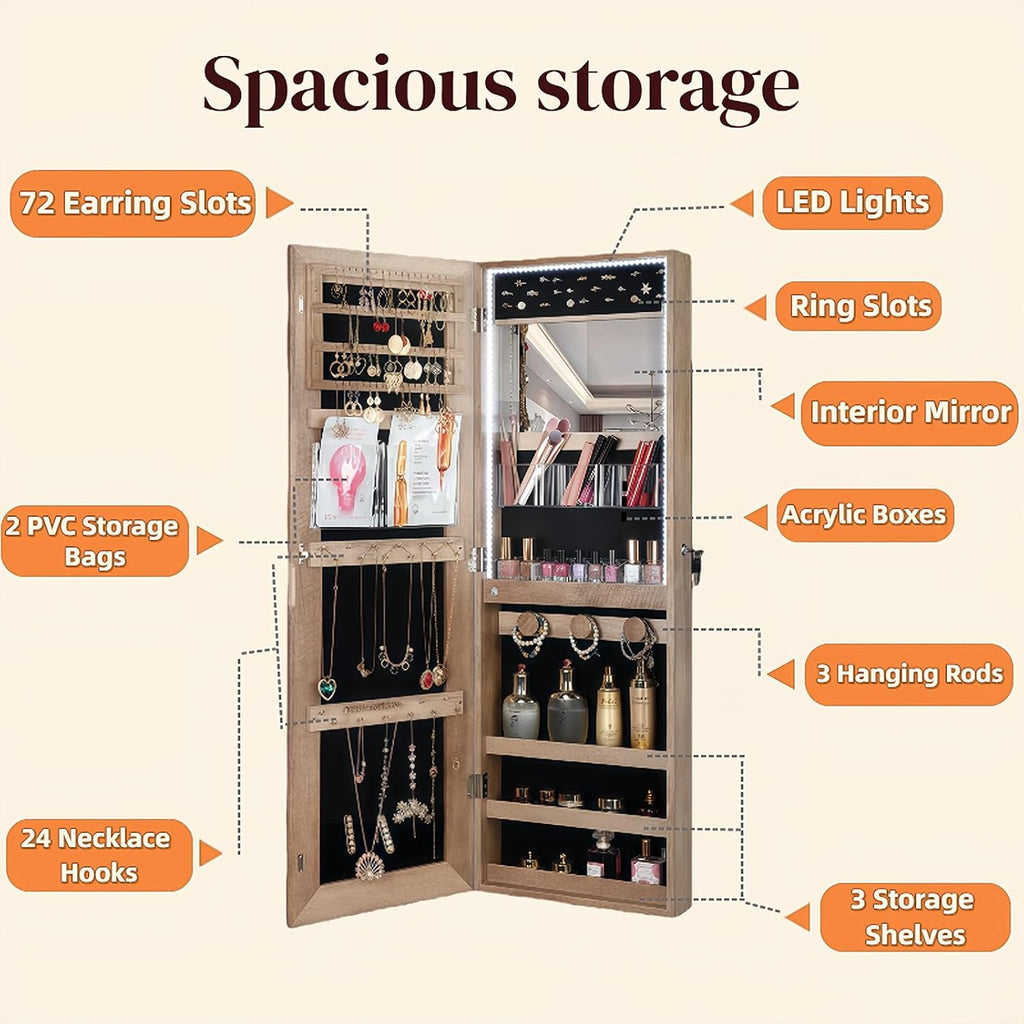 LED Lights Jewelry Cabinet, Door Hanging/Wall Mounted Jewelry Armoire, Lockable Cosmetics Organiser, Easy Assembly, Valentines Gifts
