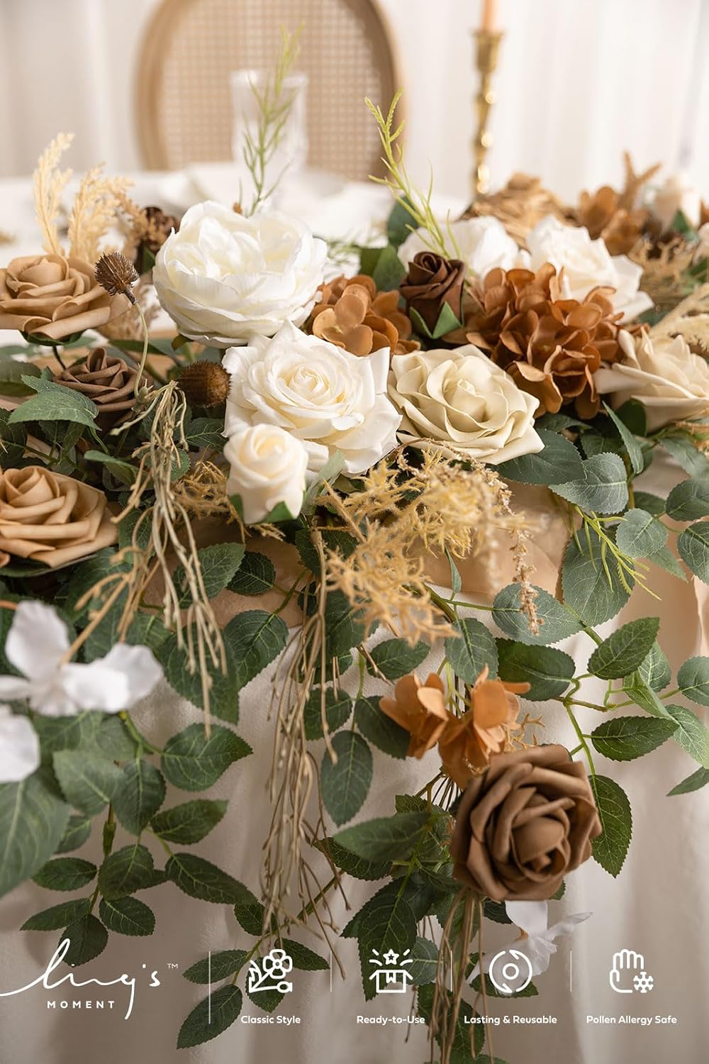 Ling's moment 9FT Spring Flower Garland for Backdrop Decorations - Wedding Arch Flowers, Eucalyptus & Rose, Artificial Floral Garland for Mantel - Sweetheart Table Decor for Reception, Beige Brown