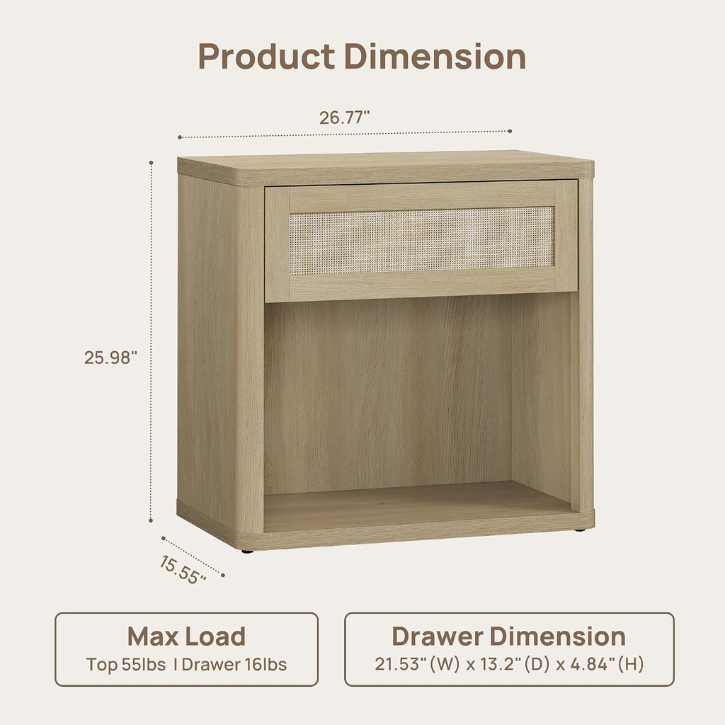 SICOTAS Night Stand Set of 2 26' Wide Large Nightstands with Drawer & Shelf Storage Rattan Bedside Table Boho End Table Tall Bed Side Tables Night Stands for Bedroom Living Room Sofa Office, Sand Oak
