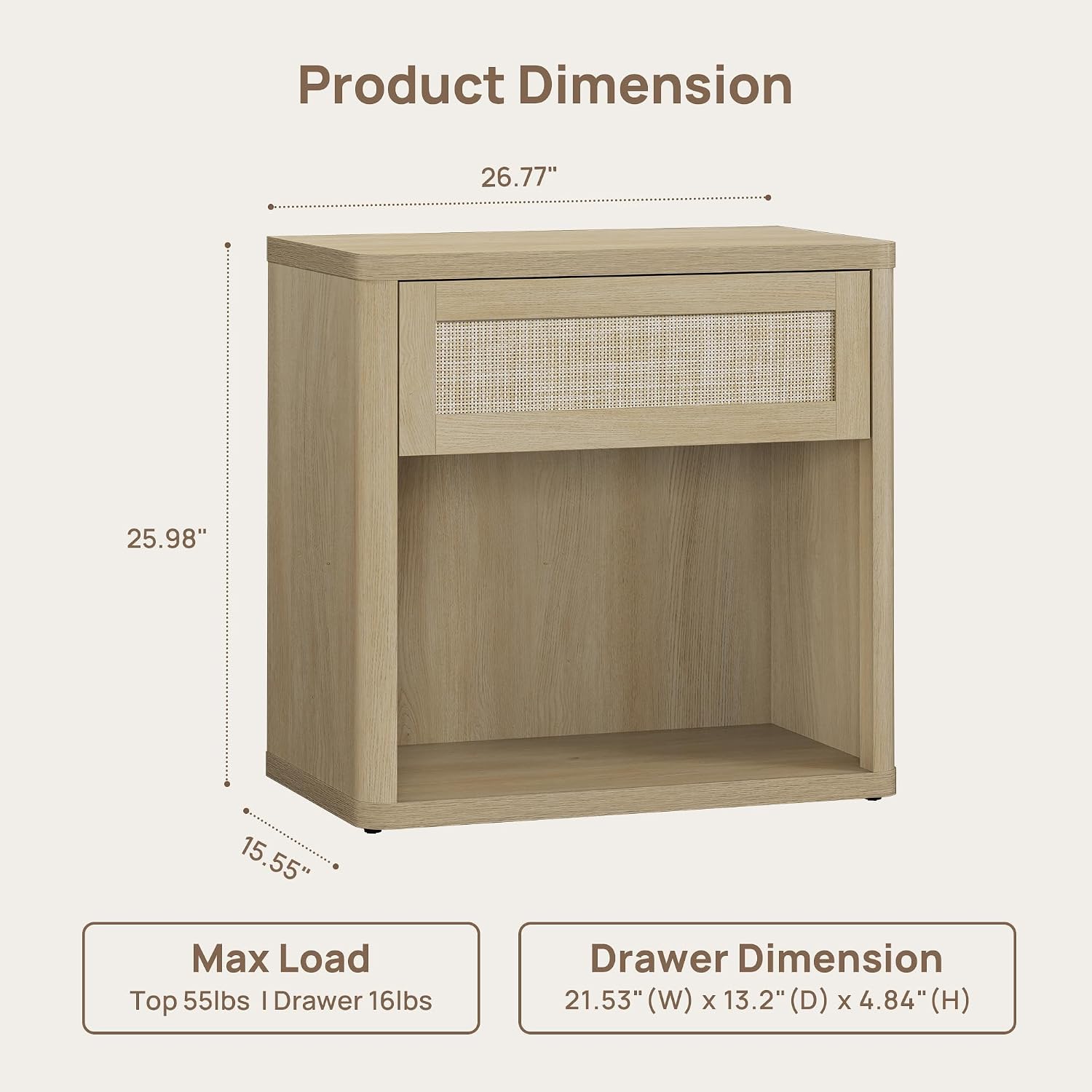 SICOTAS Night Stand Set of 2 26' Wide Large Nightstands with Drawer & Shelf Storage Rattan Bedside Table Boho End Table Tall Bed Side Tables Night Stands for Bedroom Living Room Sofa Office, Sand Oak