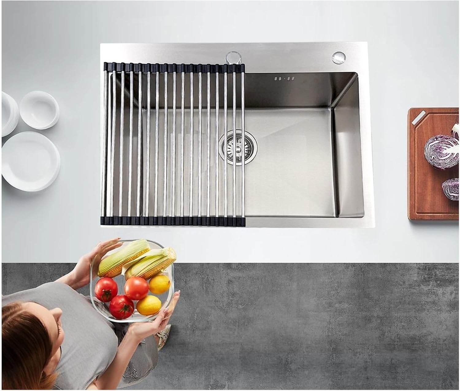 Stainless Steel Kitchen Sink, Small Single Bowl Sink, Topmount Compact Bar/Utility Sink With Tap Hole, Overflow & Drainer Kit, For Bar, Pub, RV, Campervan, Basement, Outdoor Use(Silver,55x45cm)