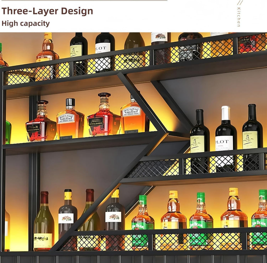71in Wall Mounted Liquor Shelves with LED Lights, Industrial Metal Wall Bar Rack with Wine Glass Holder, Large Bottle Display Shelf for Home Kitchen (Black)