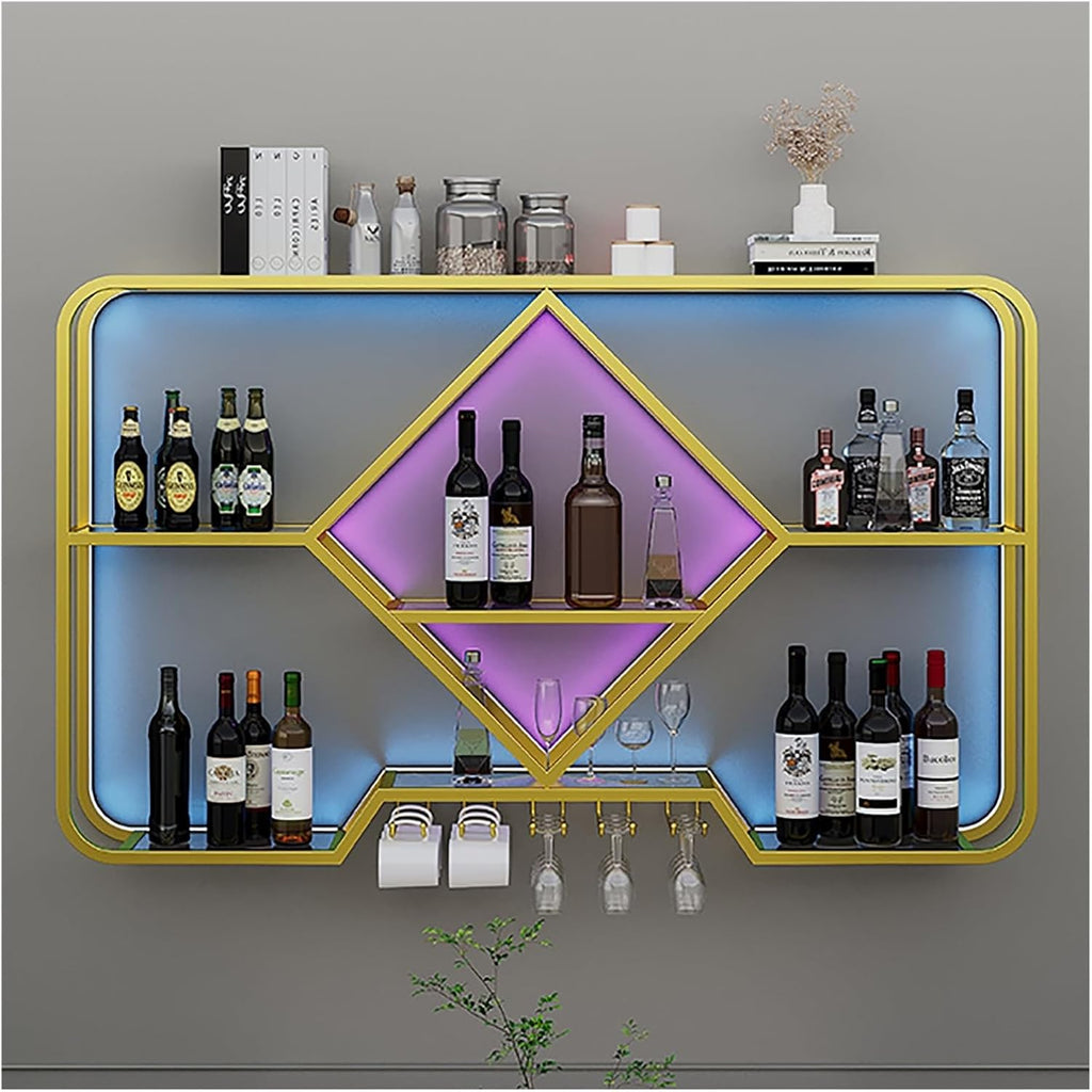 Wine Rack Wall Mounted, Floating Bar Kitchen Shelf Rack With Light Strip, Hanging Wine Glass Rack, Shelf Corner Bar Kitchen Shelf Rack, For Home Bar Dining Room Cafe Kitchen(Color:Gold,Size:120x70x20c