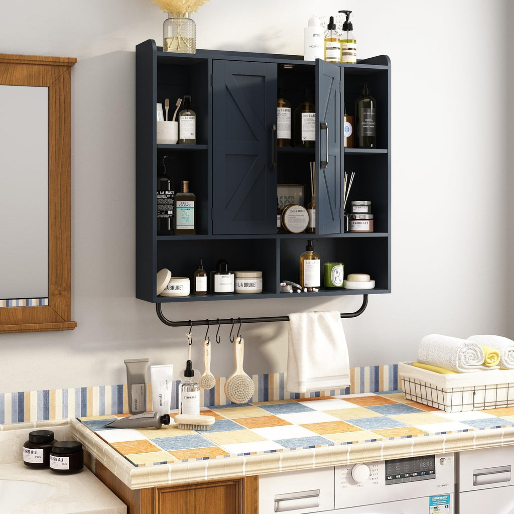 RUSTOWN Rustic Wood Wall Bathroom Cabinet, Farmhouse Medicine Cabinet Wall Mounted, Space Saving Wall Storage Cabinet with 2 Barn Door, 3-Tier Adjustable Shelves and Towel Bar(Navy Blue)