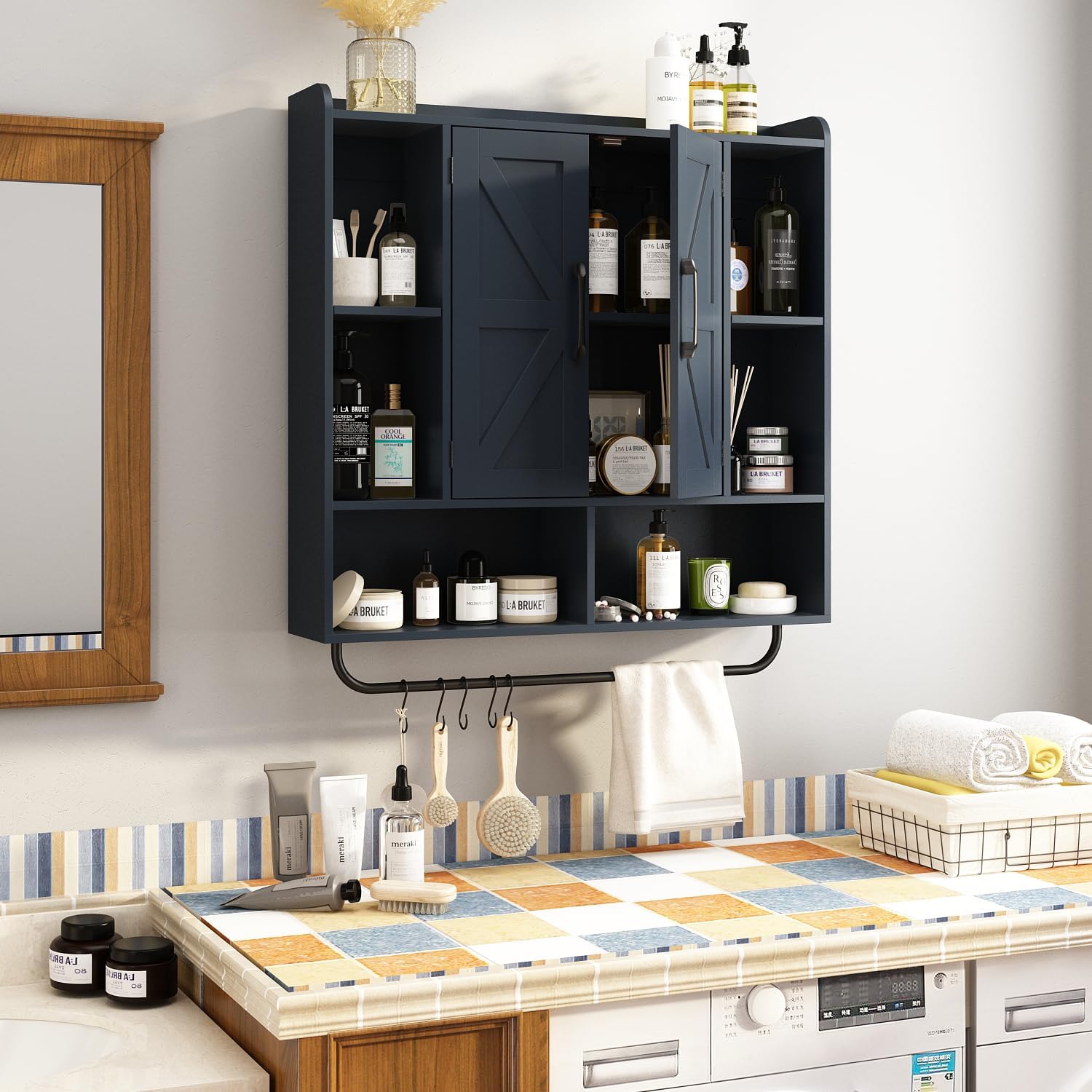 RUSTOWN Rustic Wood Wall Bathroom Cabinet, Farmhouse Medicine Cabinet Wall Mounted, Space Saving Wall Storage Cabinet with 2 Barn Door, 3-Tier Adjustable Shelves and Towel Bar(Navy Blue)