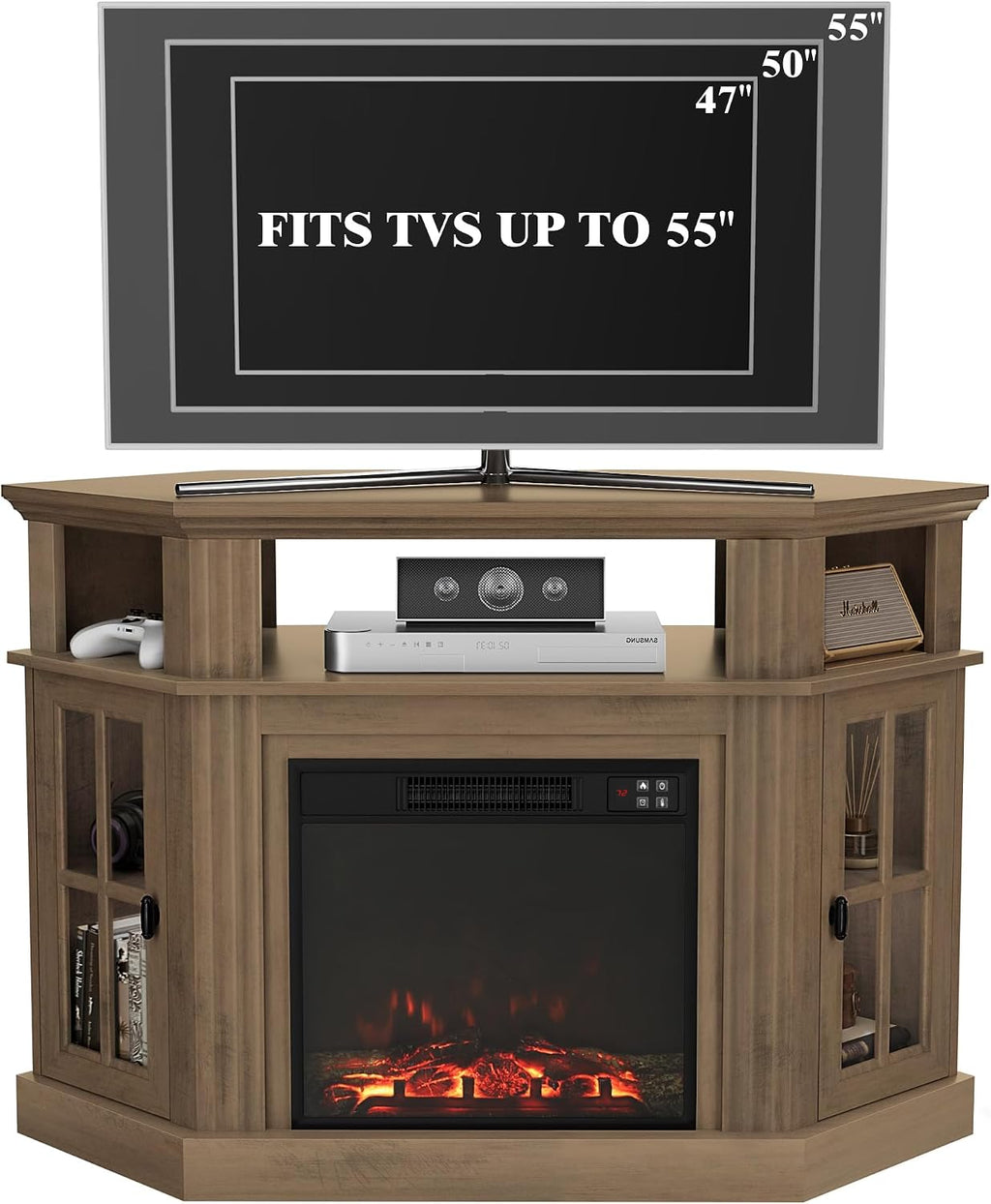 Furmax Fireplace Corner TV Stand for Up to 55 Inch, Modern Console with 18 Inch Electric Fireplace, Entertainment Center with Open Shelf and Storage Cabinets for Living Room (Brown)