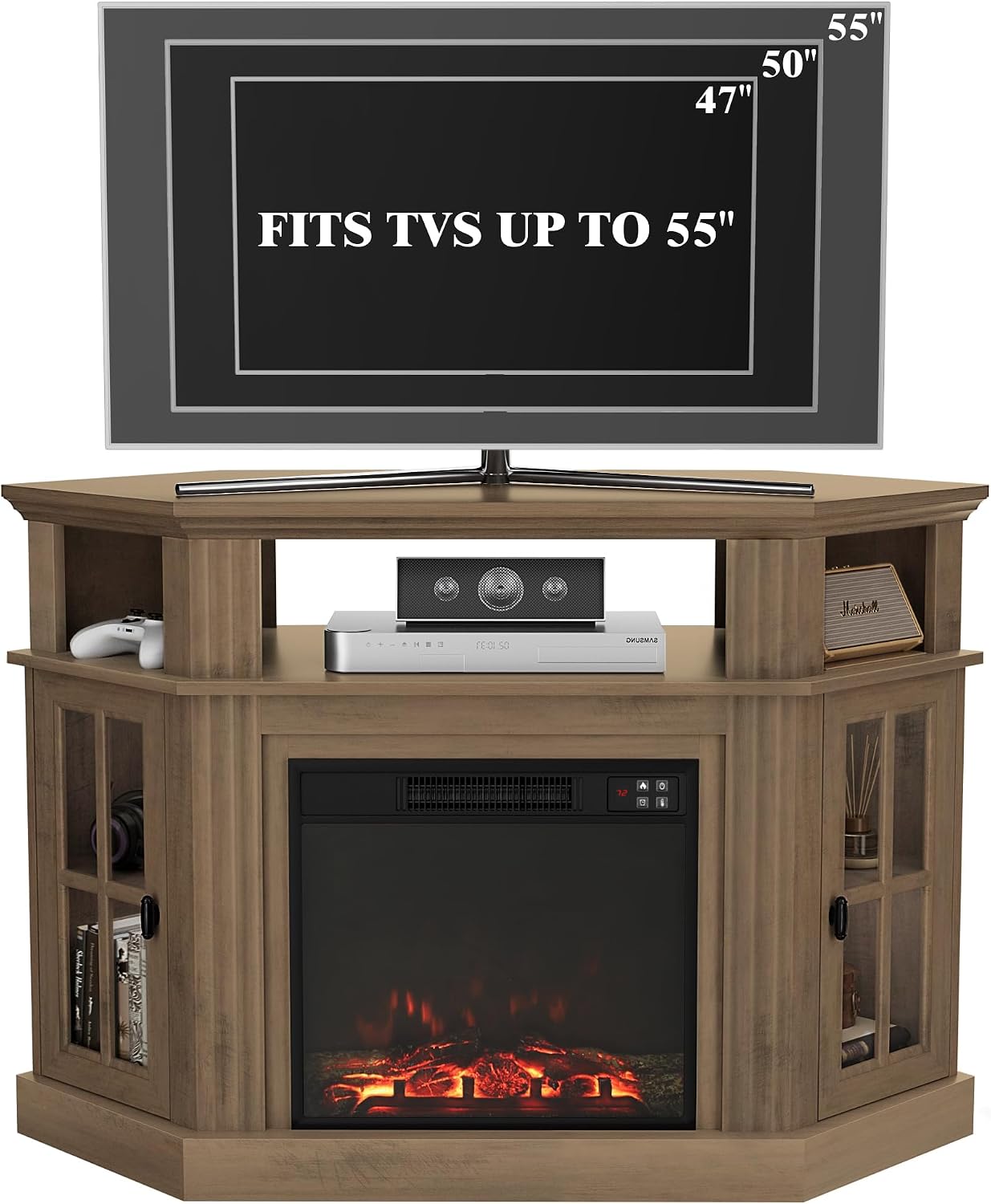 Furmax Fireplace Corner TV Stand for Up to 55 Inch, Modern Console with 18 Inch Electric Fireplace, Entertainment Center with Open Shelf and Storage Cabinets for Living Room (Brown)