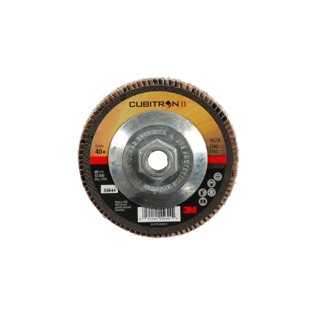 3M Cubitron II Flap Disc 967A, 40+, T29 Quick Change, 4-1/2 in x 5/8'-11, Giant, Pack of 10, Medium Pressure Applications, Light Deburring, Scale Removal, Oxide Removal, Surface Prep