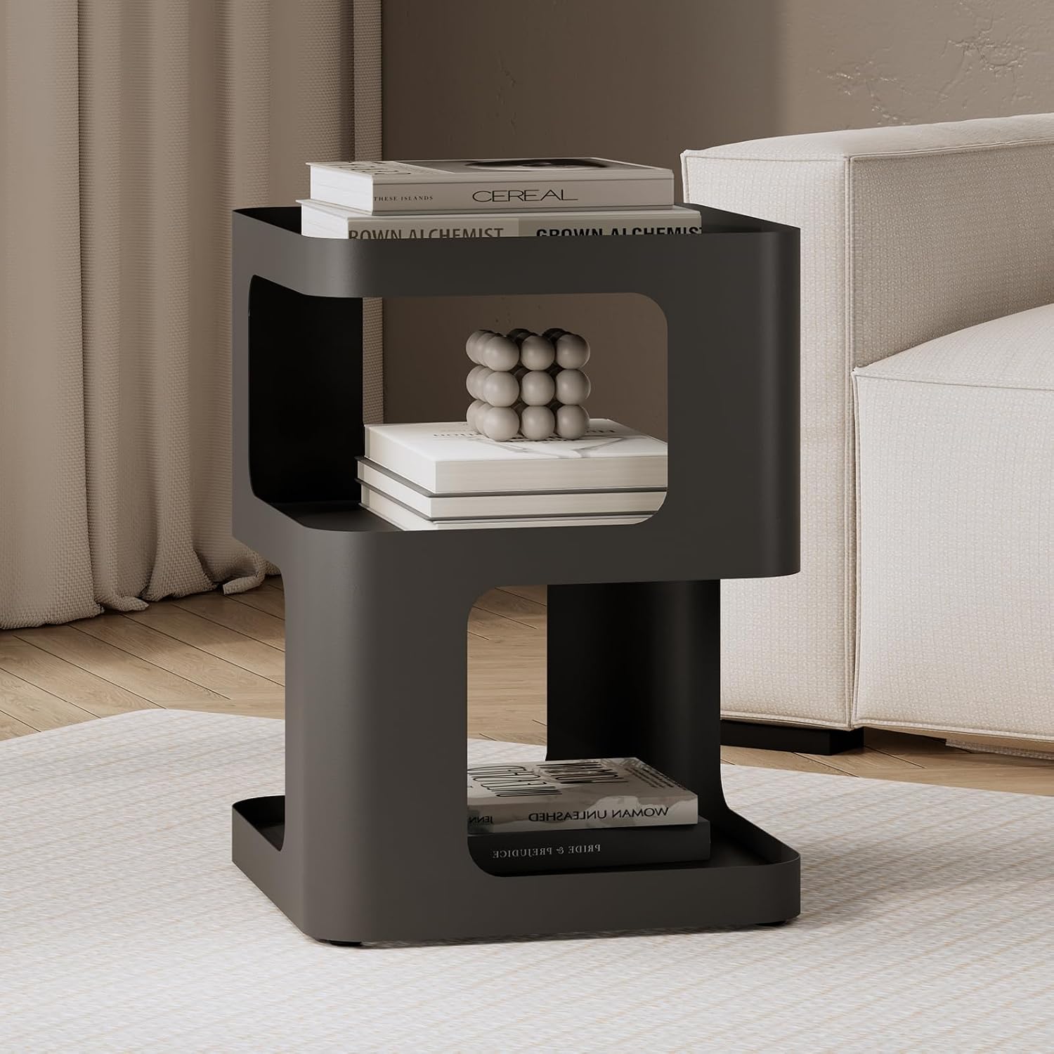 Modern Side Table for Sofa & Couch,Black Metal Bedside Table,3 Tier end Tables with Storage for Living Room & Bedroom,Compact Nightstand for Small Spaces,No Assembly Required