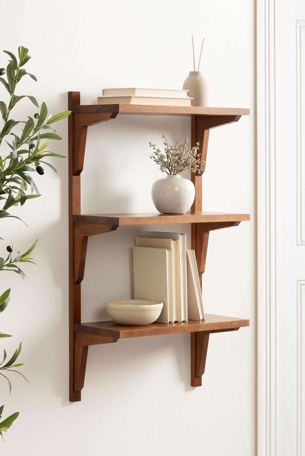 Kate and Laurel Meridien Modern Three-Tier Wooden Shelves, 18 x 9 x 32, Walnut Brown, Stunning Tiered Wall Shelf for Storage and Display as Cute Nursery Shelving or Over-the Toilet Storage