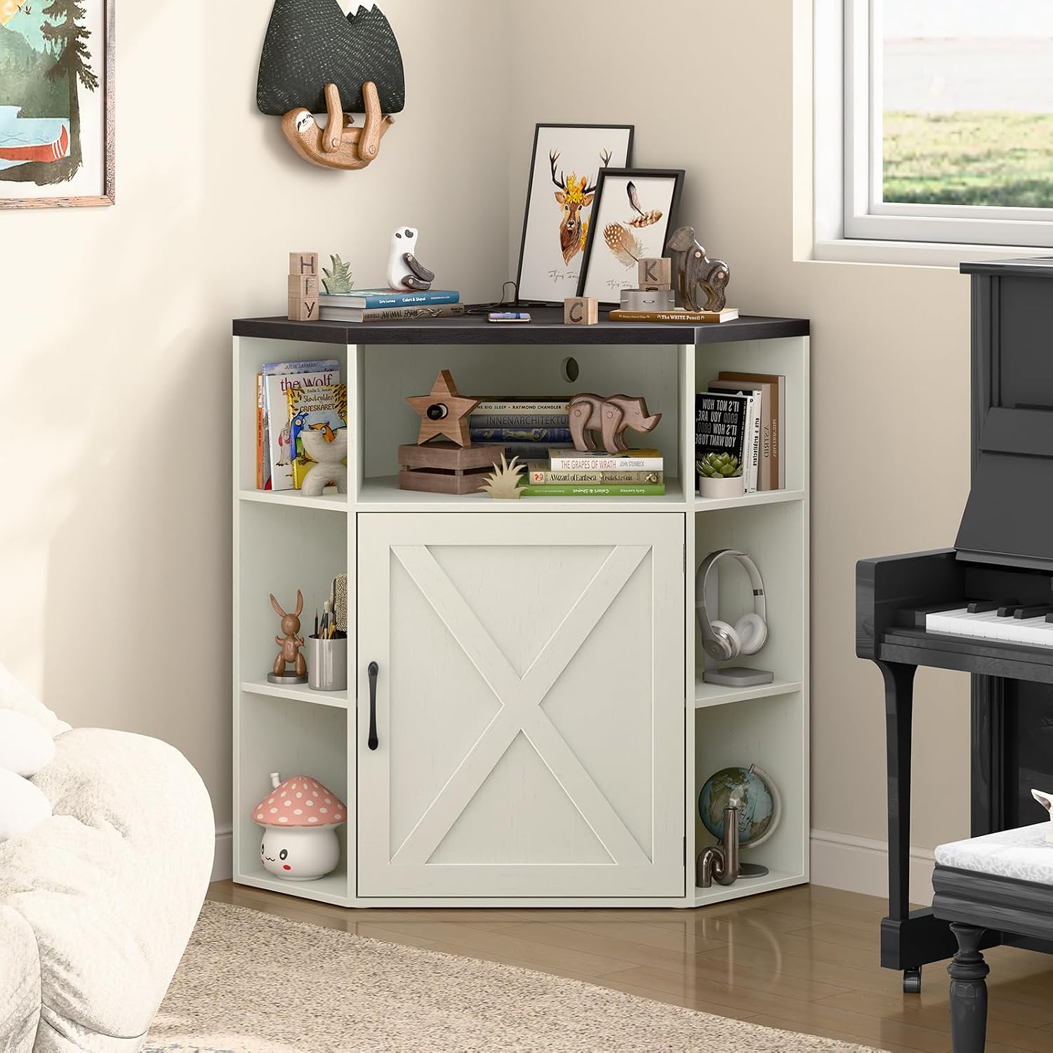 Halitaa Corner Storage Cabinet, Farmhouse Corner Bookshelf with Storage 6-Cubby Wooden Cabinet with USB Ports and Outlets Industrial Organizer for Small Space, Study, Playroom, Rustic White and Black