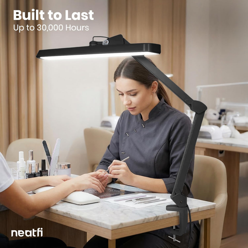 Neatfi XL 2,500 Lumens 30W LED Task Lamp for Manicure Table, Crafts, Workbench, Office – 22' Wide Shade Desk Light | Eye-Caring 6500K | 4-Level Brightness (Black, Non-CCT with Clamp)