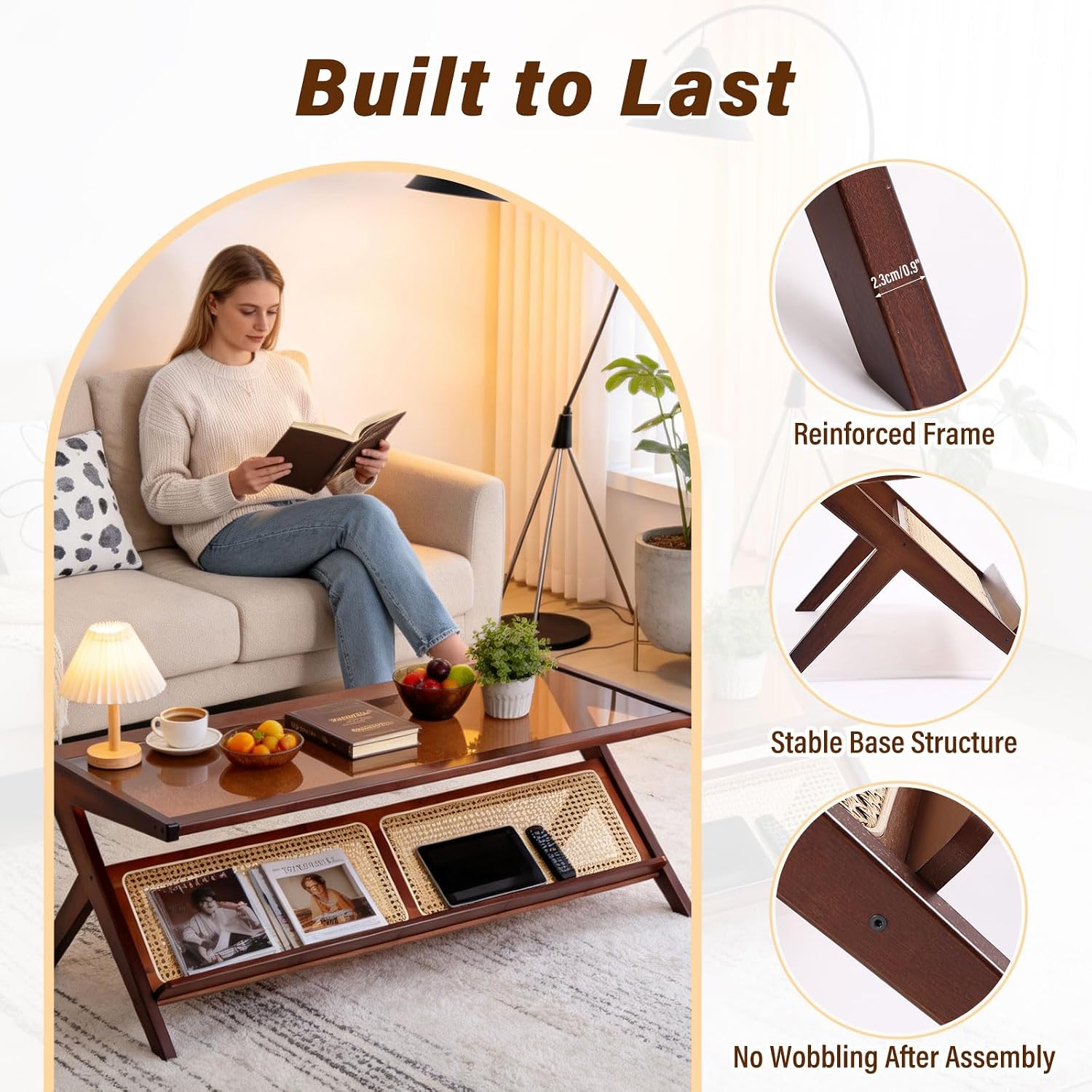Tiita Rattan Coffee Table, Bamboo Accent Bedside Tables, Glass Nightstand Side Table, Boho Wooden End Table with Storage for Living Room,Living Room, Dining Room, Tea, Home Décor